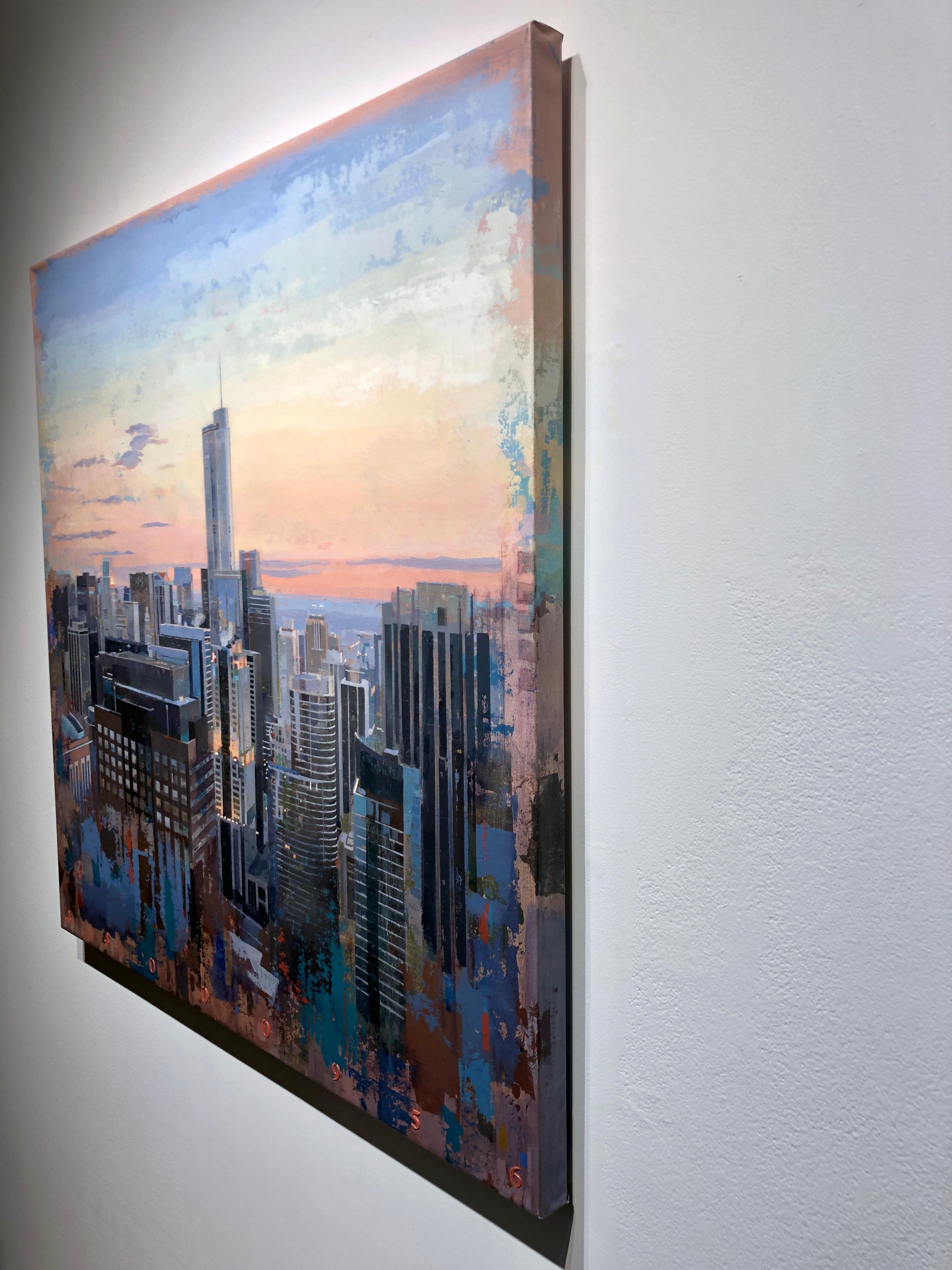 I Know Everything - Birds Eye View of Chicago Looking East, Oil & Acrylic For Sale 1