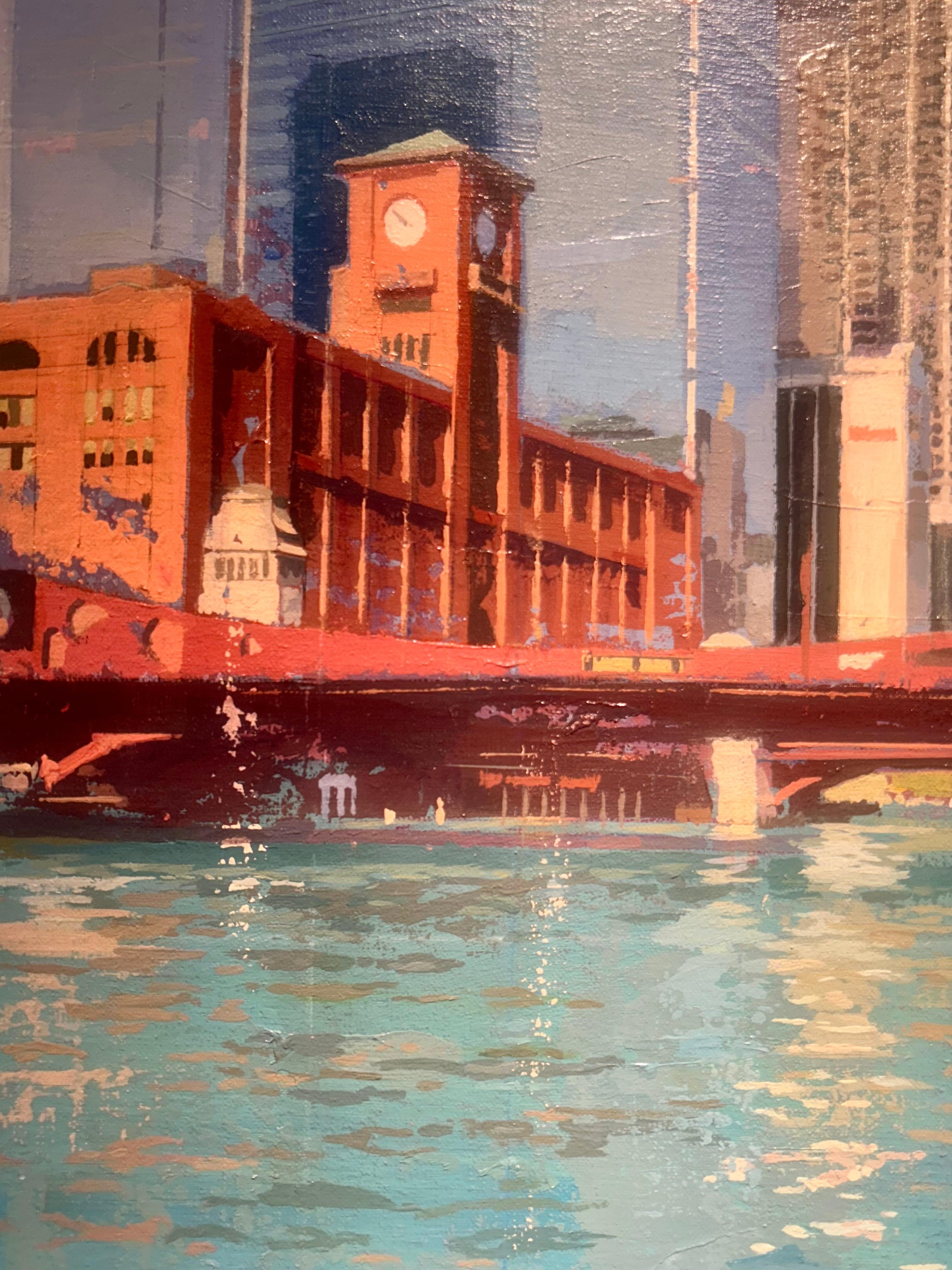 LaSalle Street – Stadtansicht von Chicago aus dem Fluss Albert Vidal (Zeitgenössisch), Painting, von Albert Vidal Moreno
