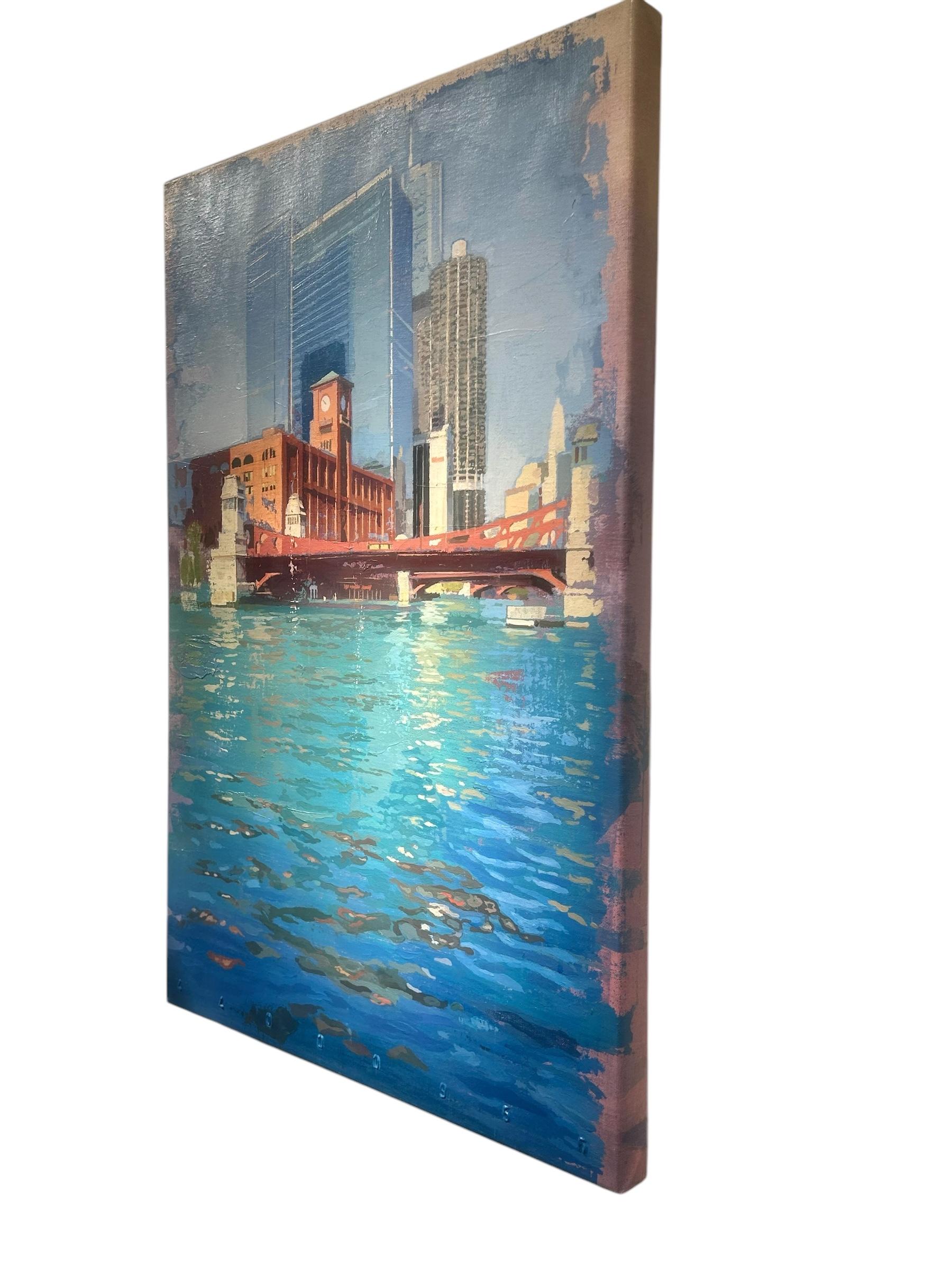 LaSalle Street – Stadtansicht von Chicago aus dem Fluss Albert Vidal – Painting von Albert Vidal Moreno