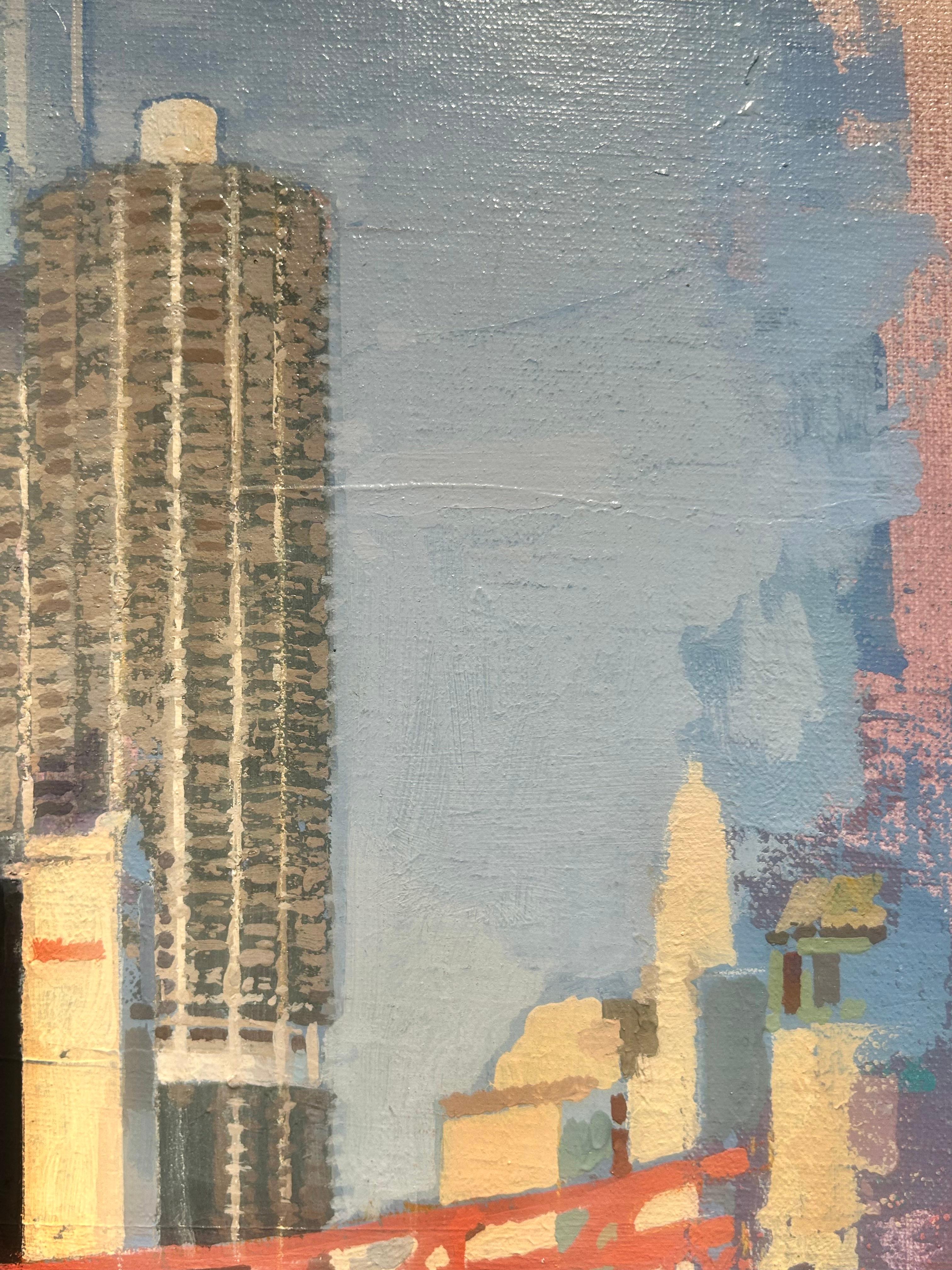 Albert Vidal malt eine Ansicht des historischen Wahrzeichens Reid Murdoch Building und der weltberühmten Marina Towers am Ufer des Chicago River. Mit leuchtenden Farben und einem abstrakten Blick auf die Architektur der Stadt stellt Vidal die