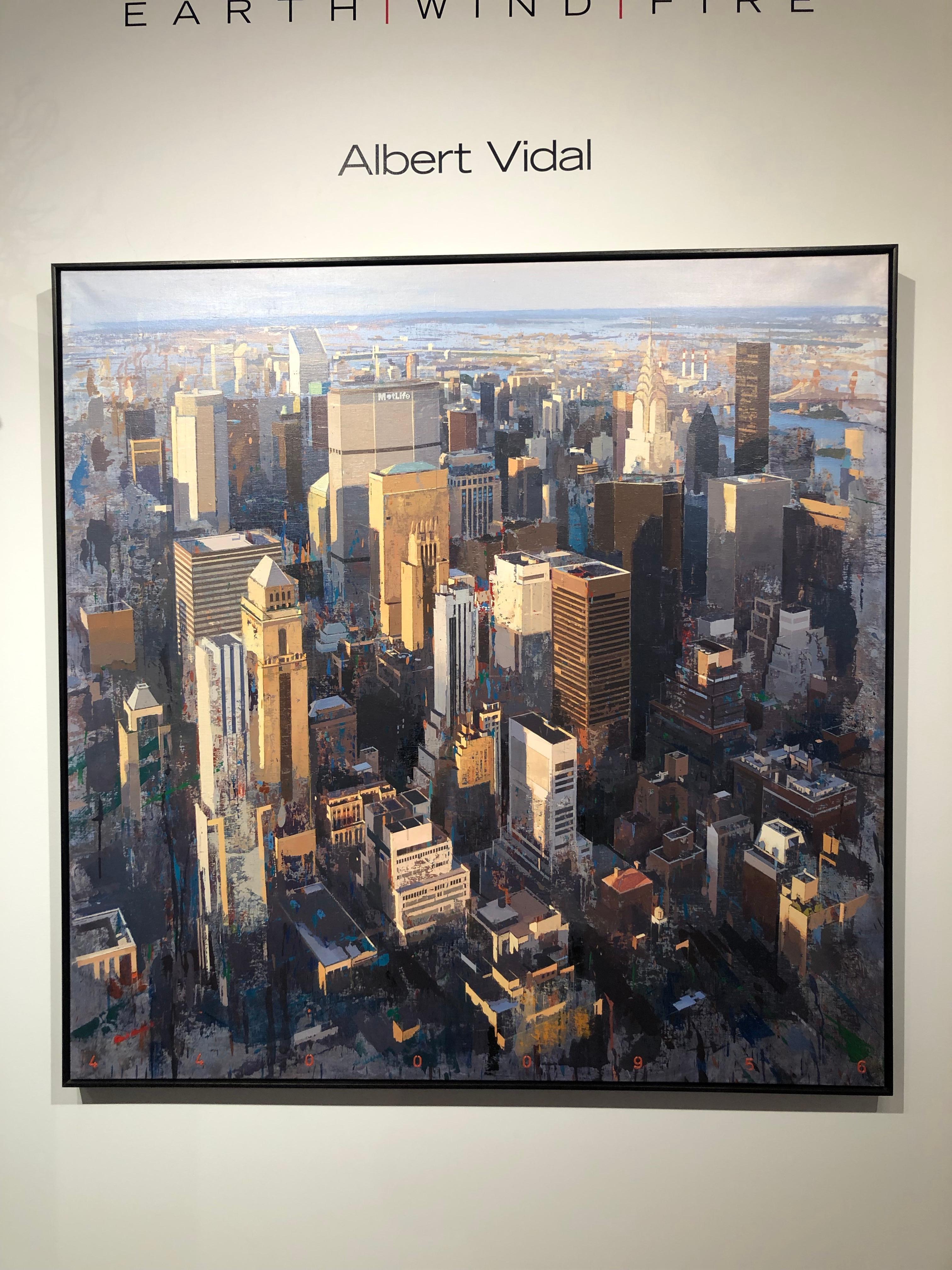 Lebensleben – New York City, Original-Ölgemälde mit Luftaufnahme, Öl auf Leinwand von Albert Vidal – Painting von Albert Vidal Moreno