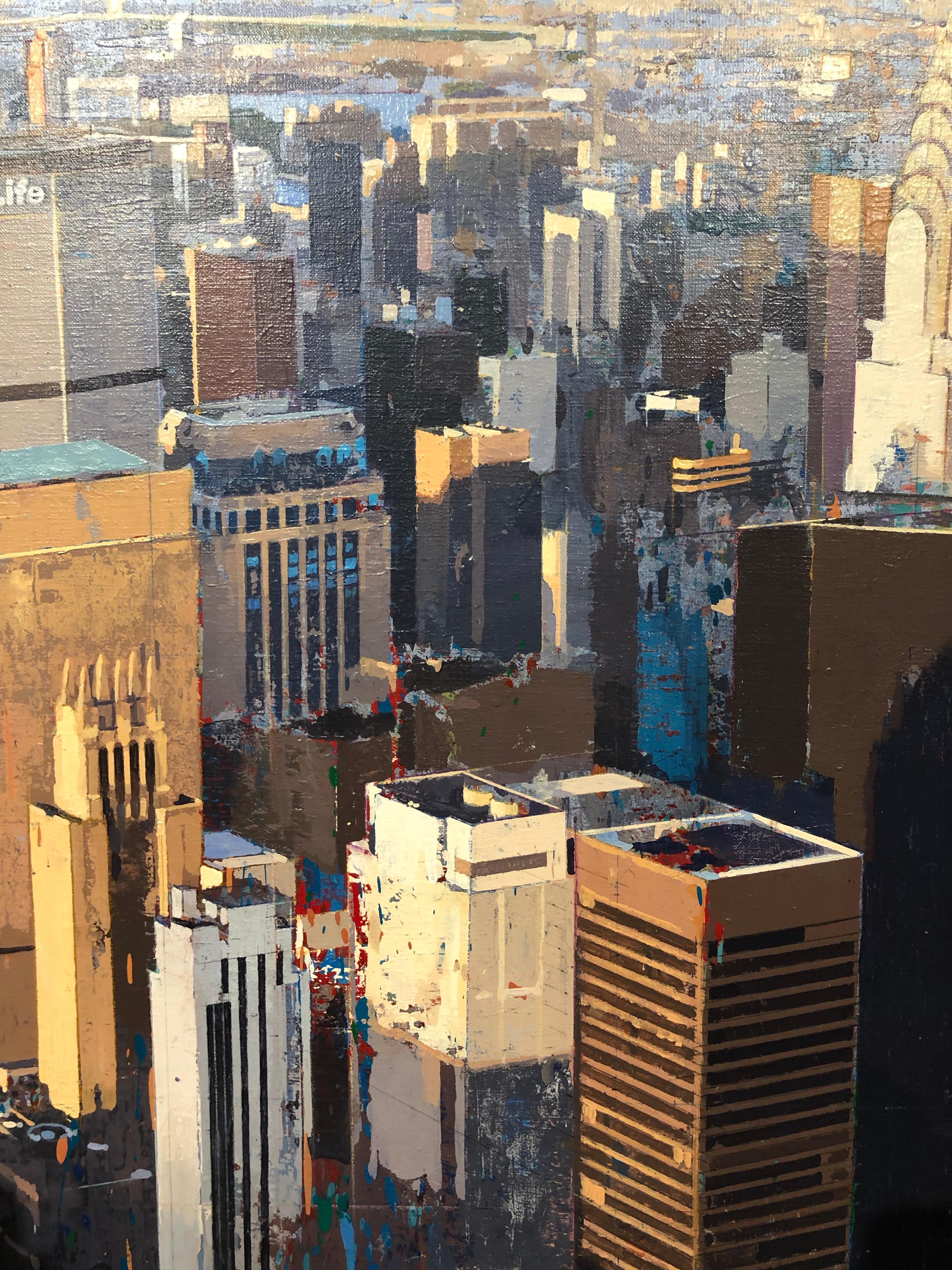 Lebensleben – New York City, Original-Ölgemälde mit Luftaufnahme, Öl auf Leinwand von Albert Vidal (Grau), Abstract Painting, von Albert Vidal Moreno