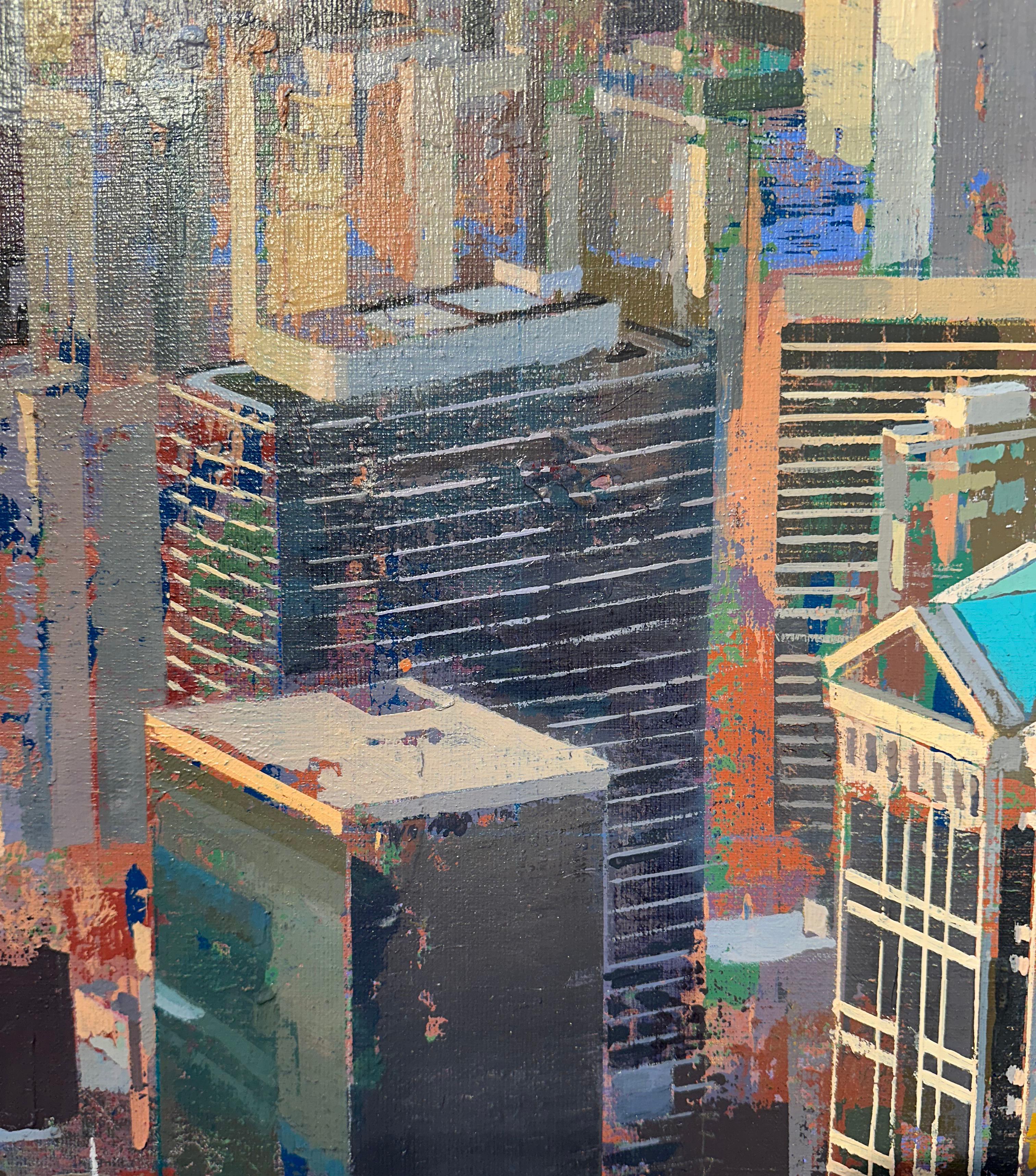 Midtown – Stadtlandschaft der Chicagoer Skyline, Originalgemälde (Grau), Landscape Painting, von Albert Vidal Moreno