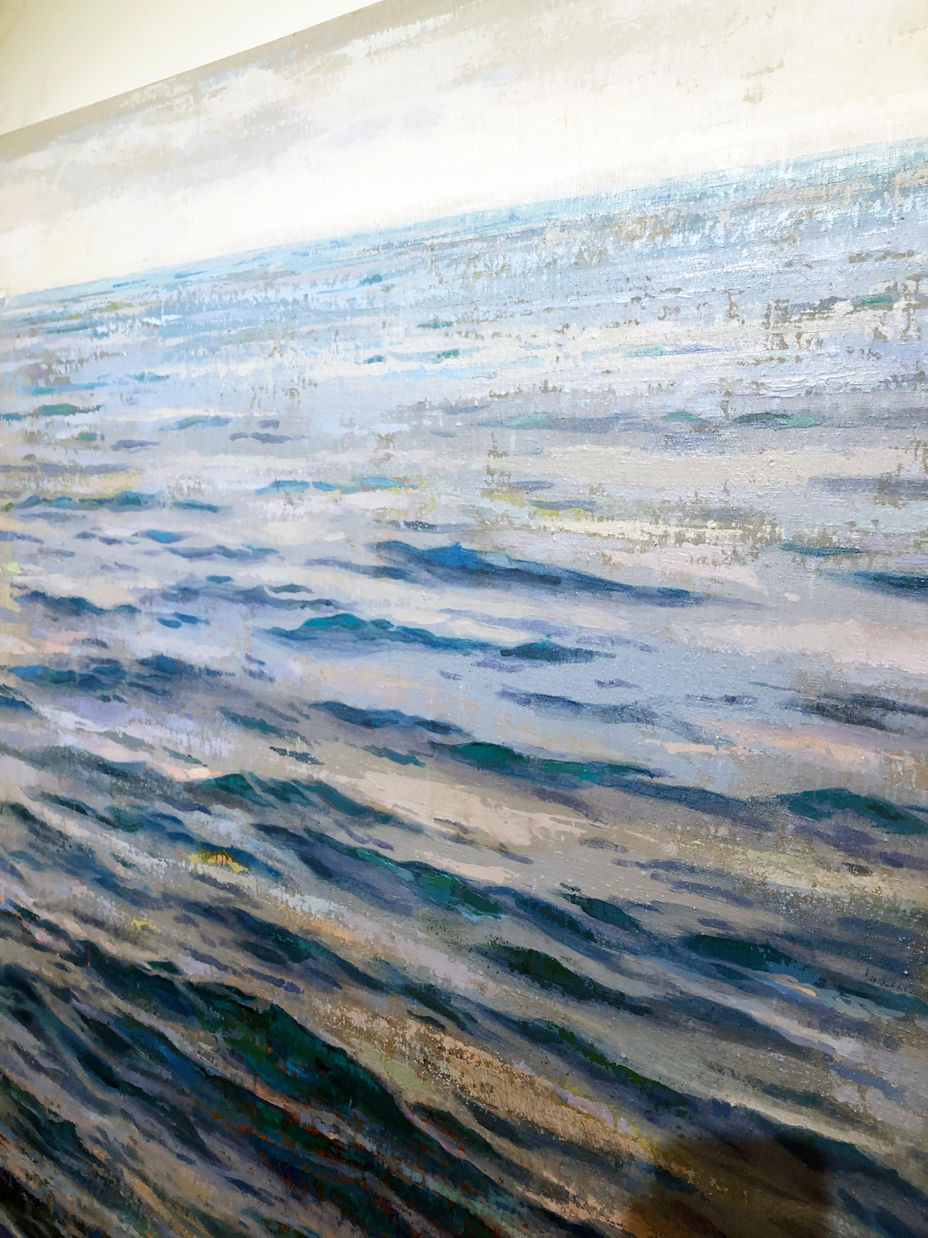 Blue Sea - Grande peinture à l'huile du peintre espagnol Albert Vidal - Gris Landscape Painting par Albert Vidal Moreno