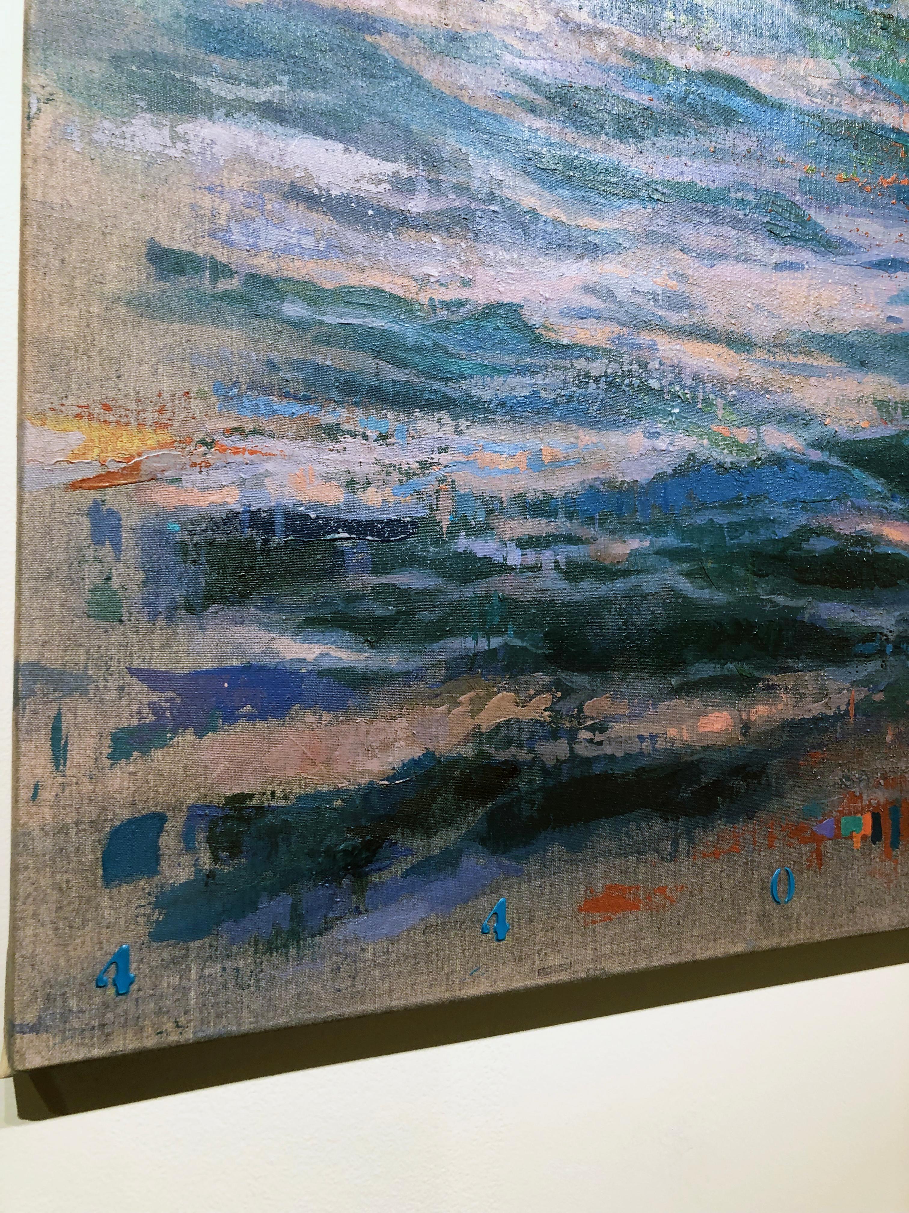 The artist uses his brush to create small abstractions of color.  But when we step back and take the painting in as a whole, the sea comes to life, becoming real.  This bottom of the painting is marked with Vidal's signature - a series of