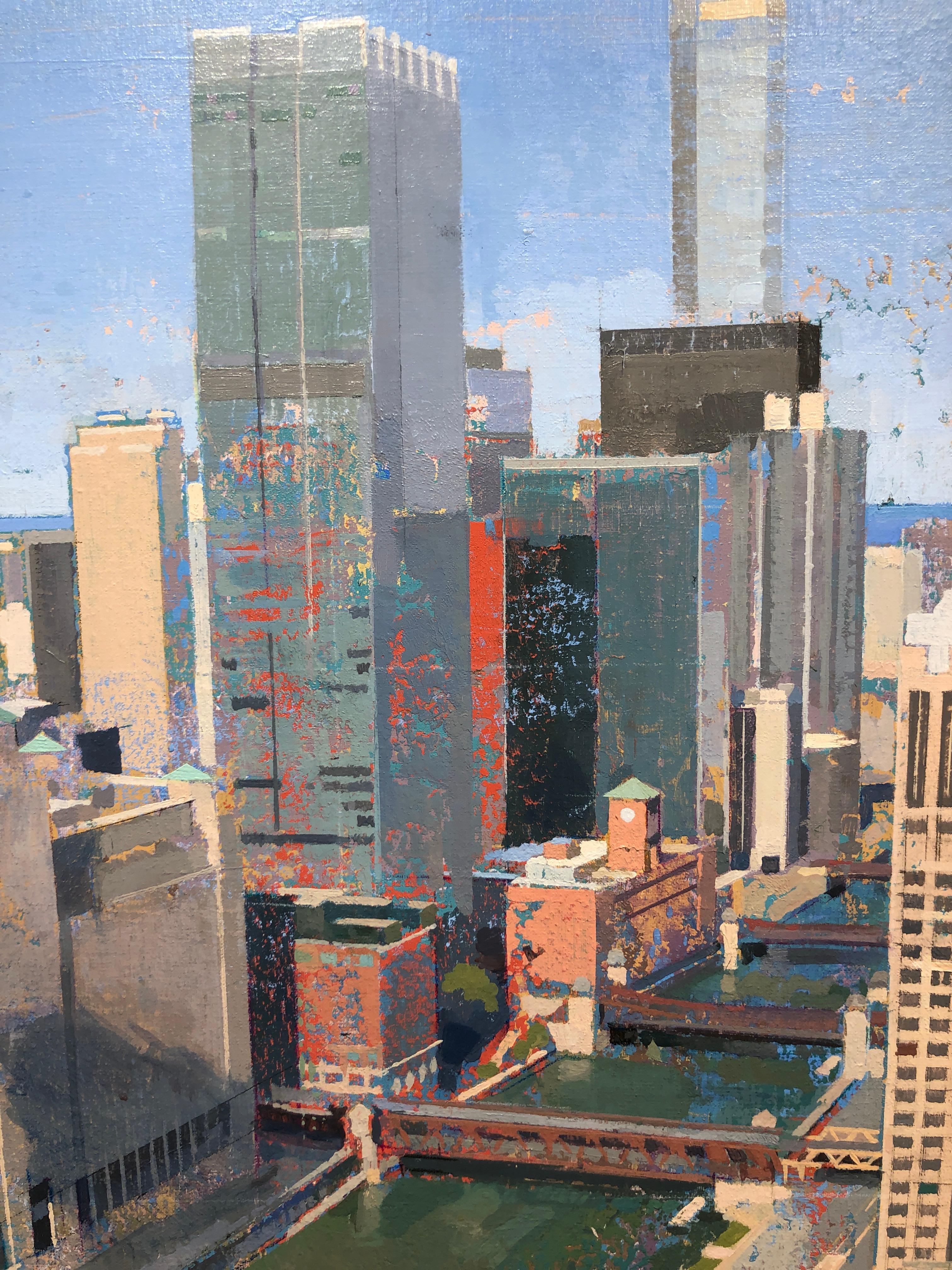 Under Construction, Birds Eye View of Chicago Looking East, Oil Painting 4