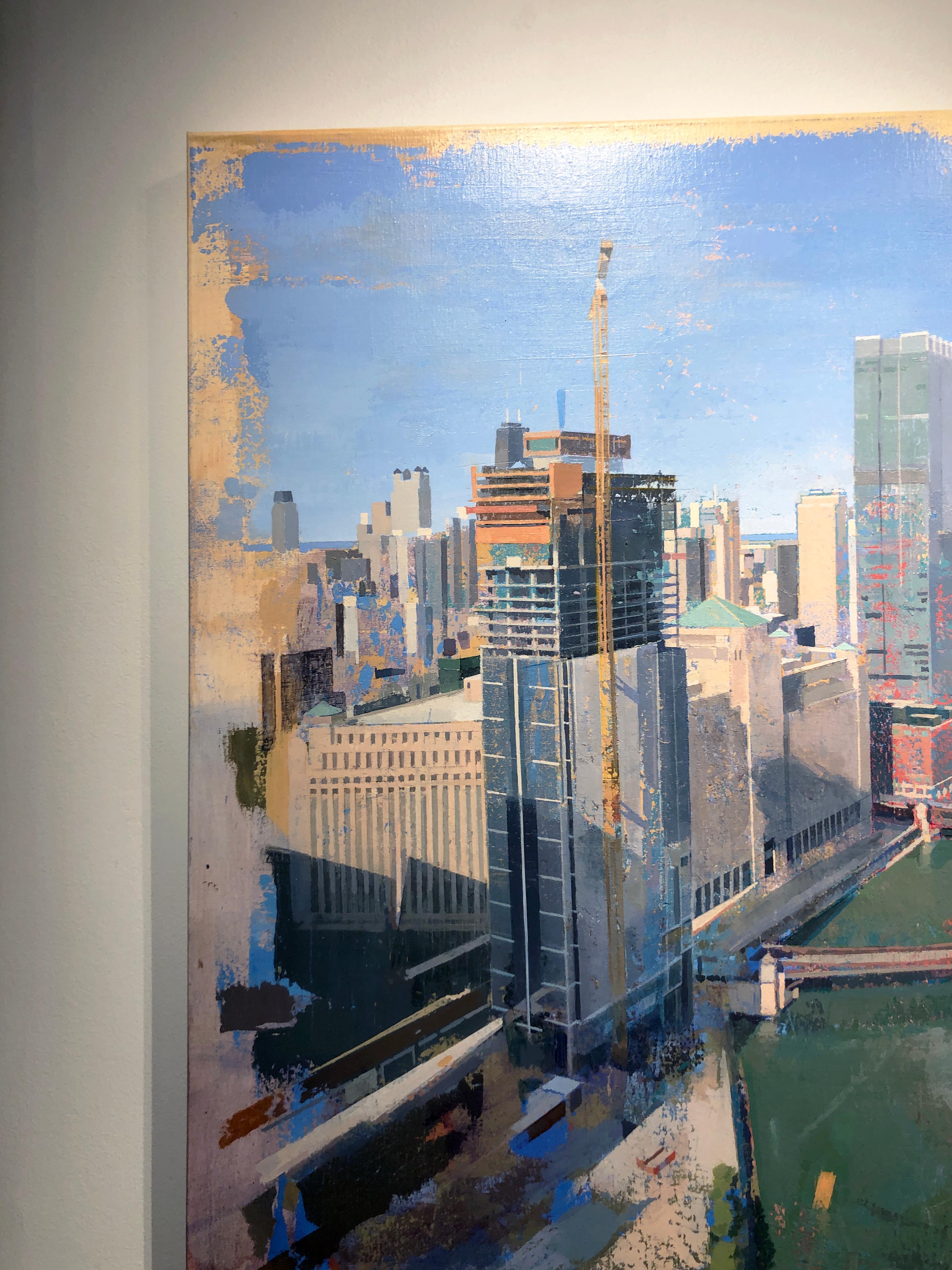 Under Construction, Birds Eye View of Chicago Looking East, Oil Painting - Brown Abstract Painting by Albert Vidal Moreno