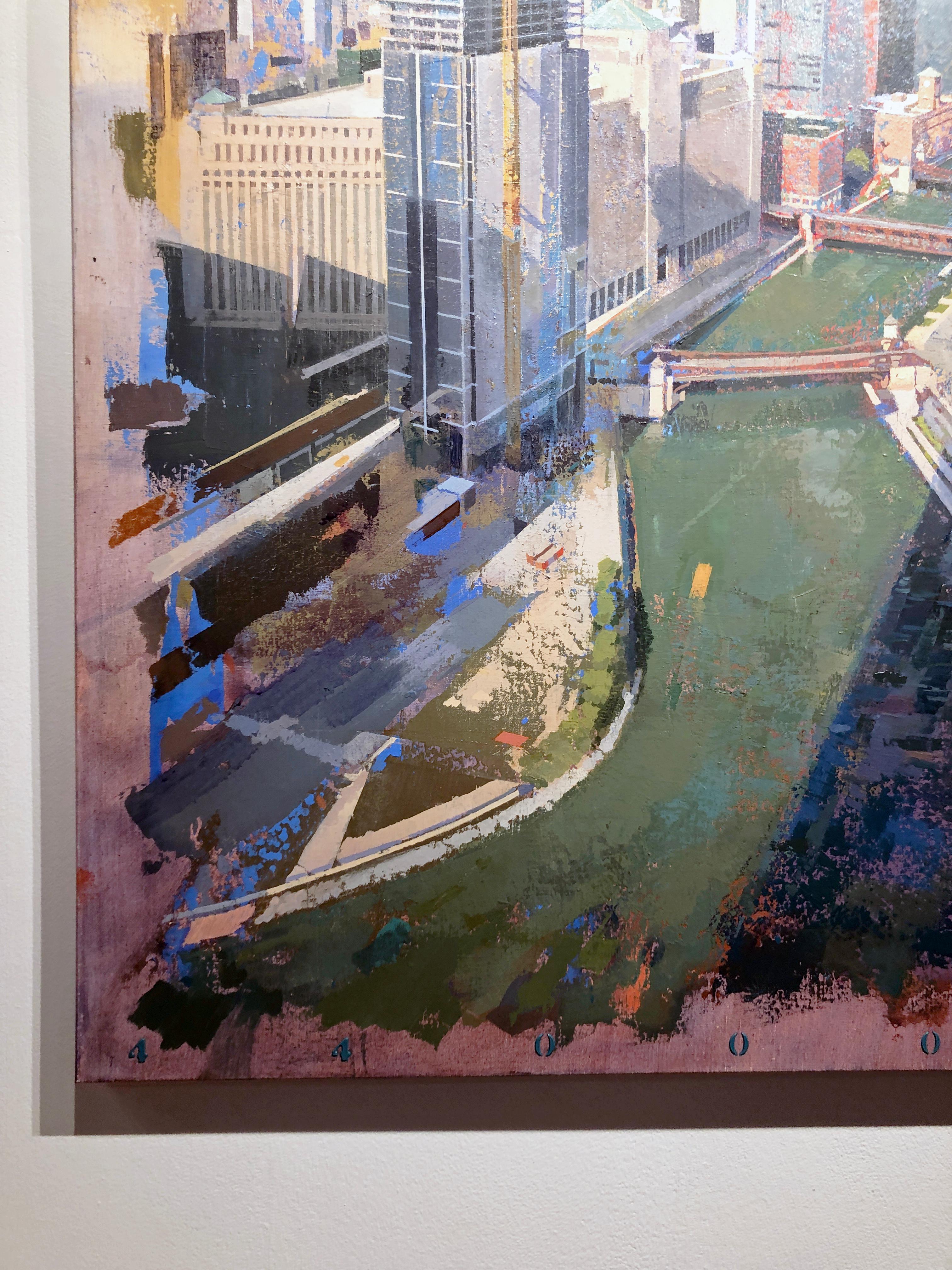 While visiting Chicago in the summer of 2019, Vidal was afforded this stunning view of the city from the top floor of 444 West Lake Street -  the large shadow cast onto the scene below.  The bird's eye view is looking east up the Chicago River