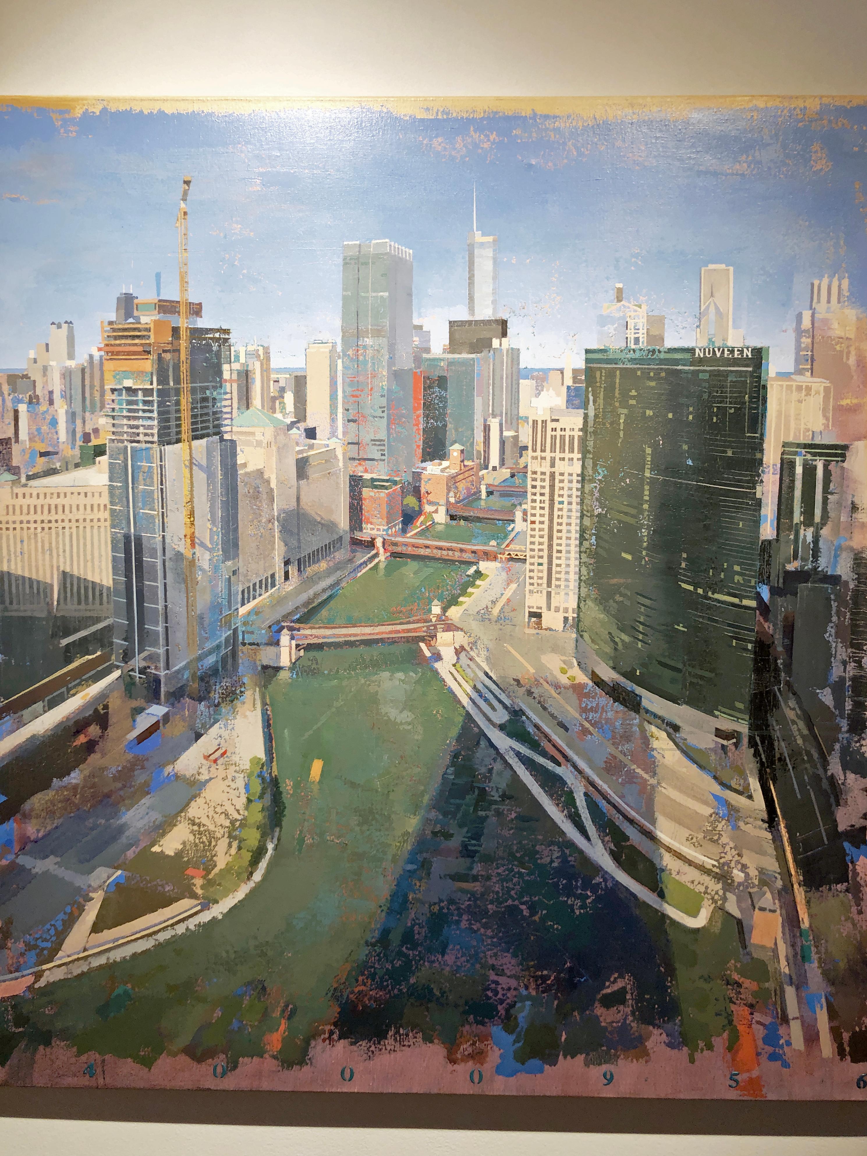 Under Construction, Birds Eye View of Chicago Looking East, Oil Painting 1