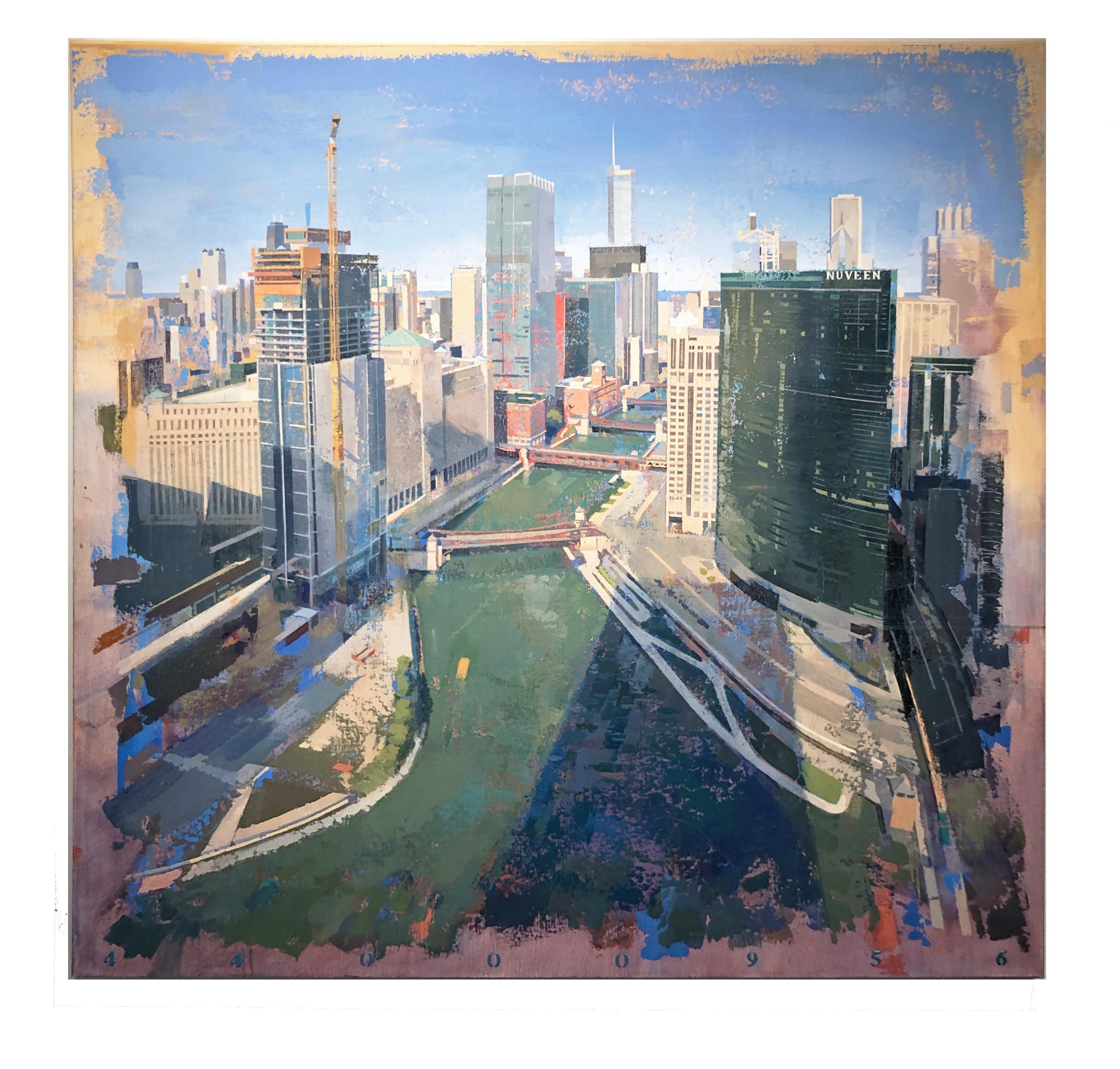 Under Construction, Birds Eye View of Chicago Looking East, Oil Painting 2