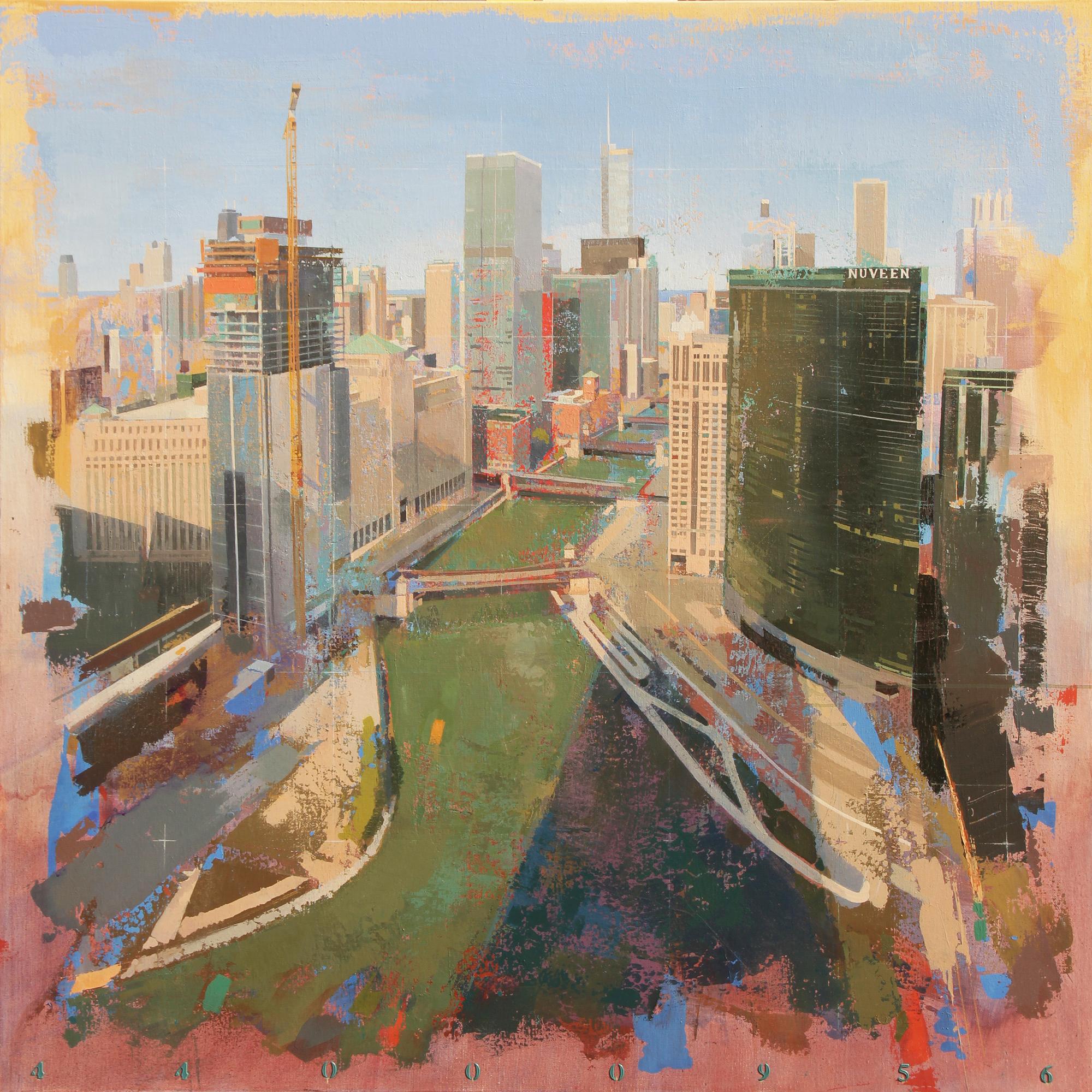 Albert Vidal Moreno Abstract Painting - Under Construction, Birds Eye View of Chicago Looking East, Oil Painting