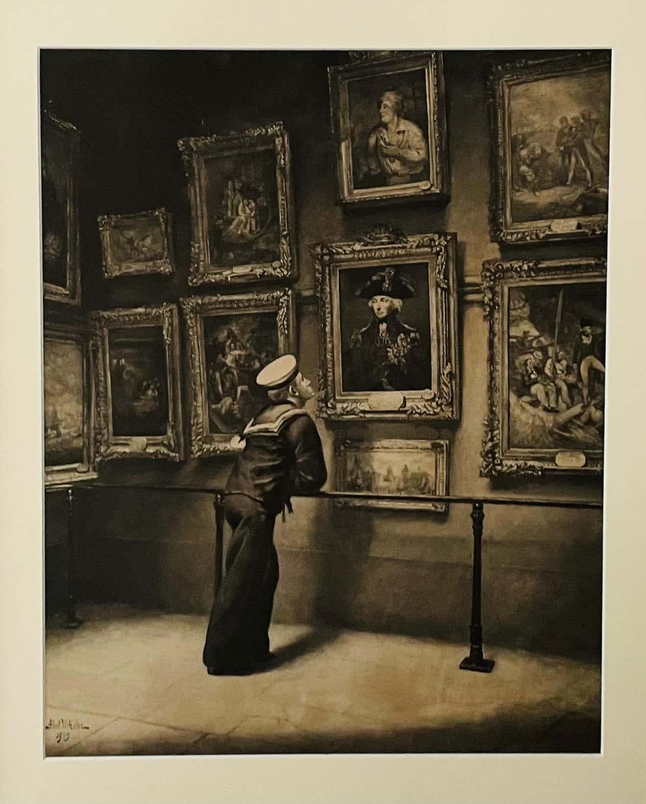 One hundred years ago 1805-1905 original print signed and dated 1905 by Albert w holden (British, 1848-1932) features a royal naval seaman admiring portraits and art wall in the former Nelson Room in the painting hall of the royal naval college in