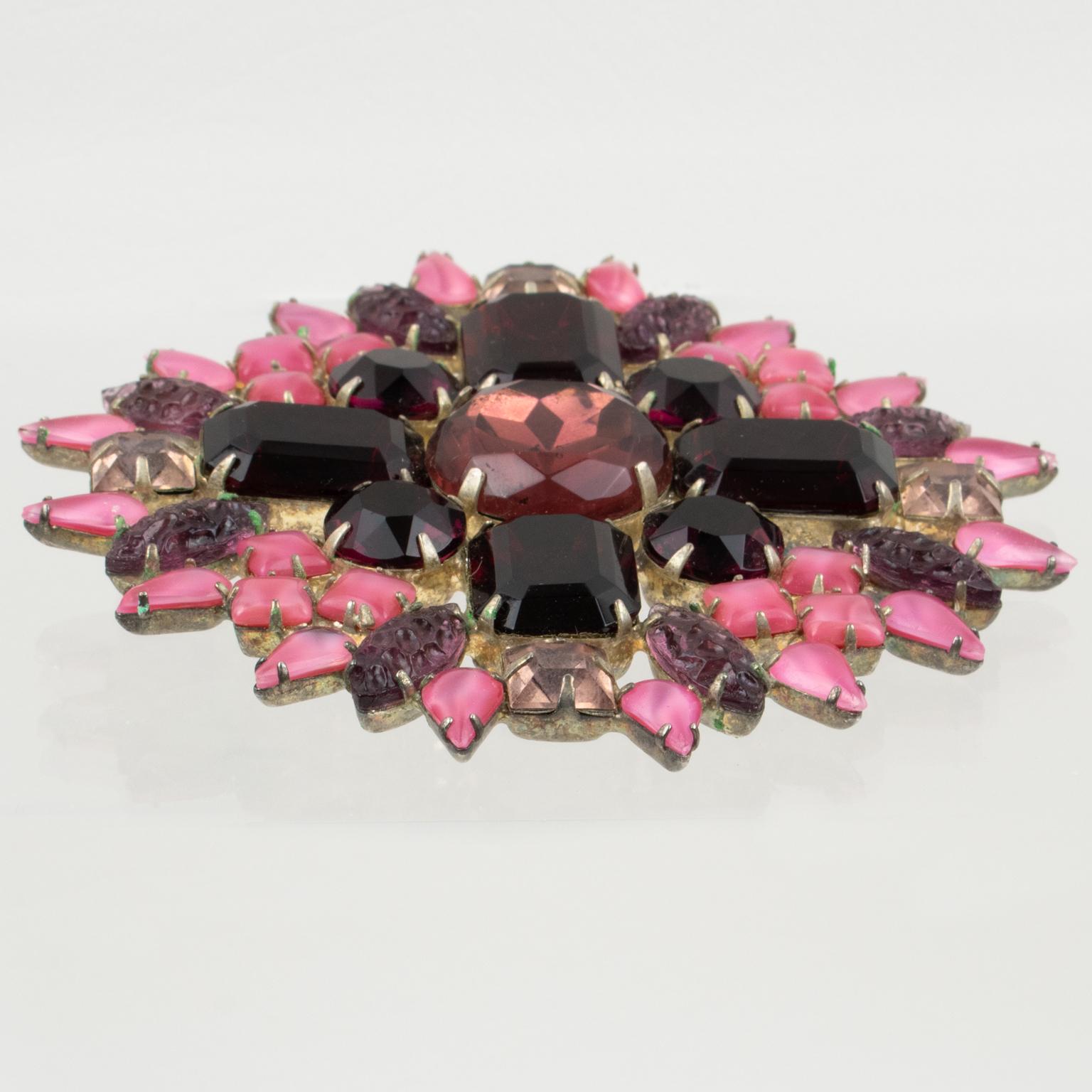 Women's or Men's Albert Weiss 1930s Oversized Ruby Red and Pink Jeweled Pin Brooch