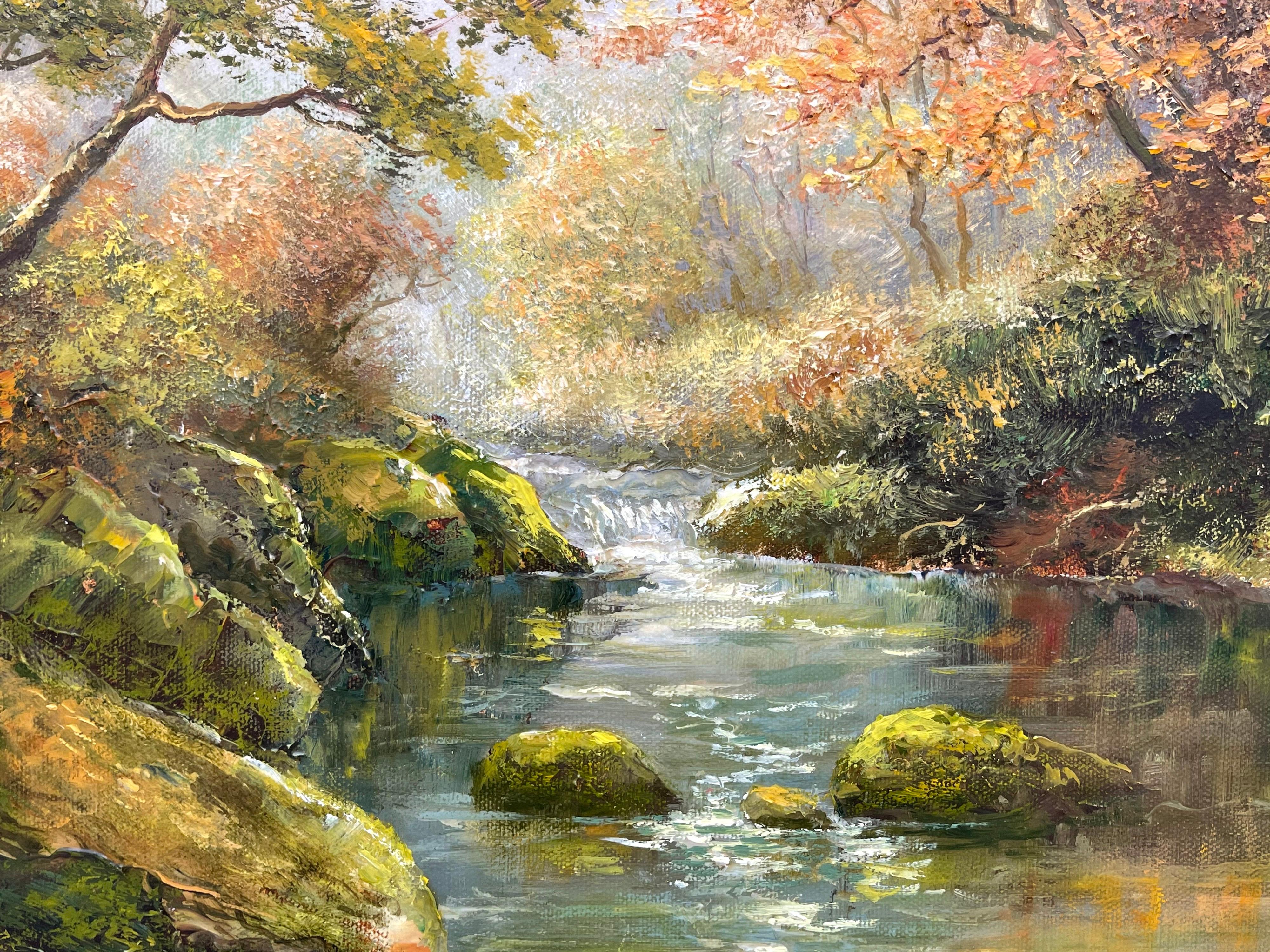 Oil Painting of Beautiful River Landscape Scene in Autumn Sun by British Artist 4