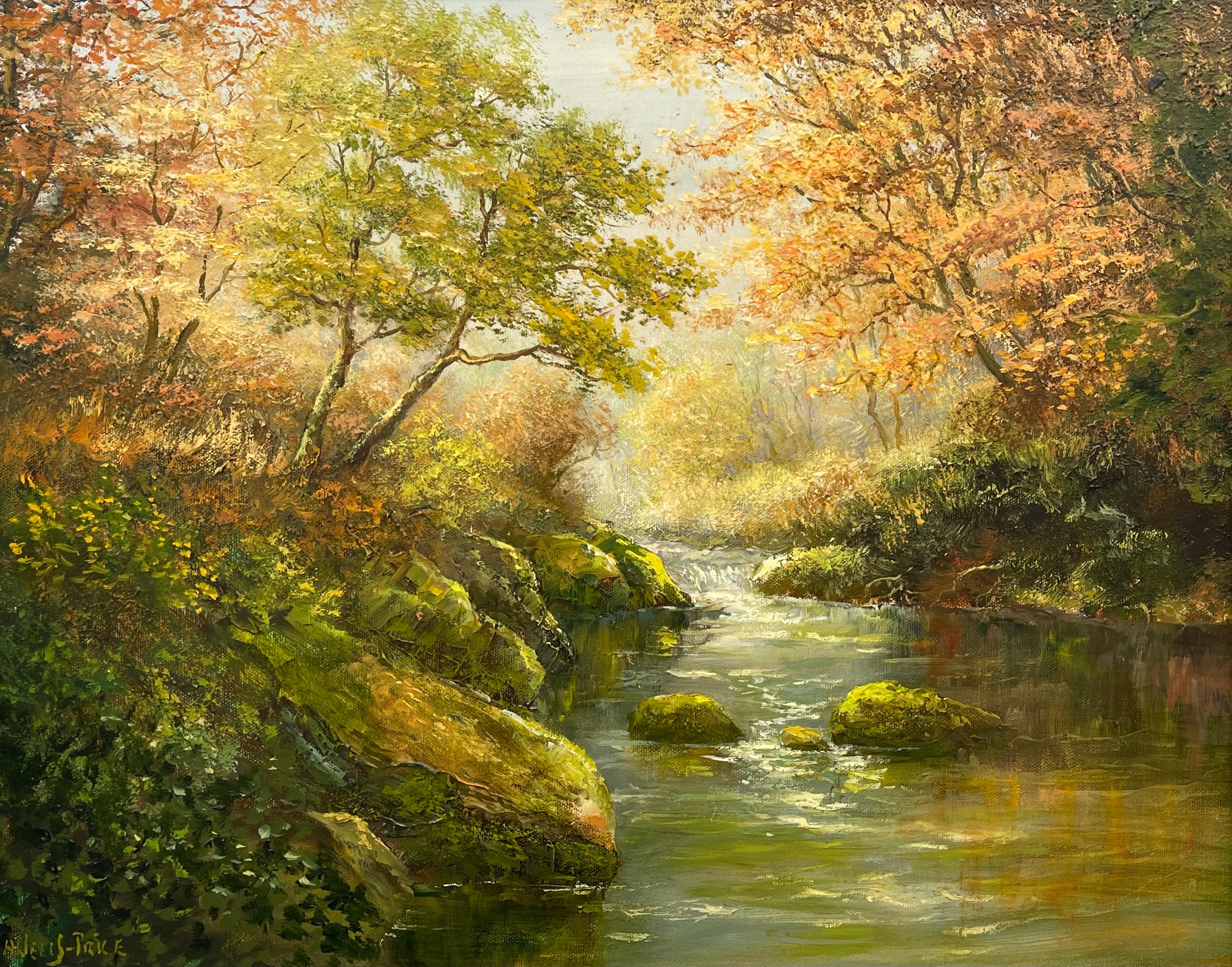 Oil Painting of Beautiful River Landscape Scene in Autumn Sun by British Artist - Brown Landscape Painting by Albert Wells Price