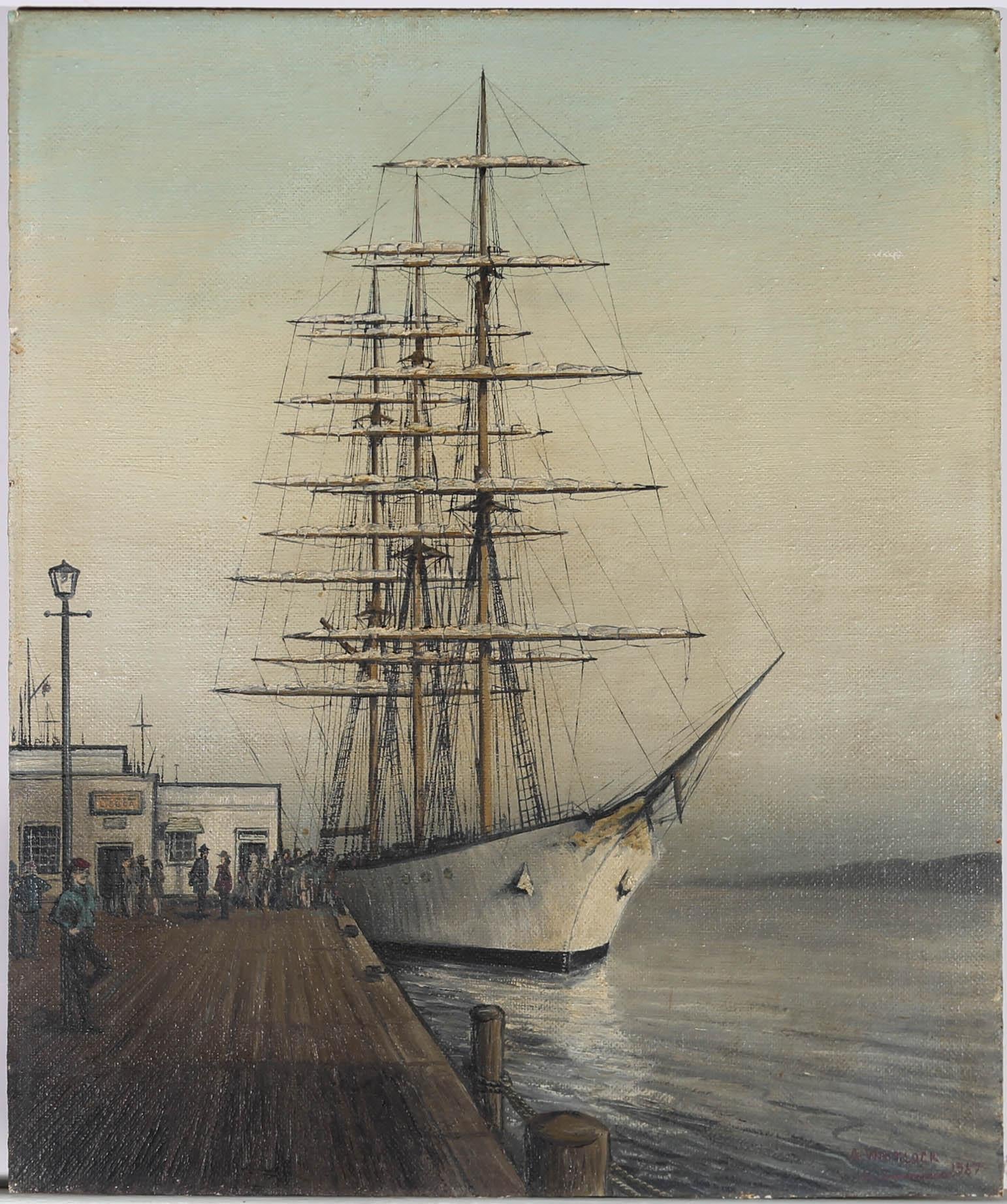 A fine nautical view of a tall ship, sails furled, waiting for passengers at a dock in Lisbon. The sign on the ticket office reads 