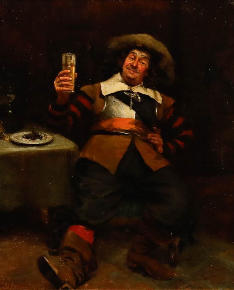 Albert William Holden (1848-1932) - Olio incorniciato, Un cavaliere che brinda in vendita 1