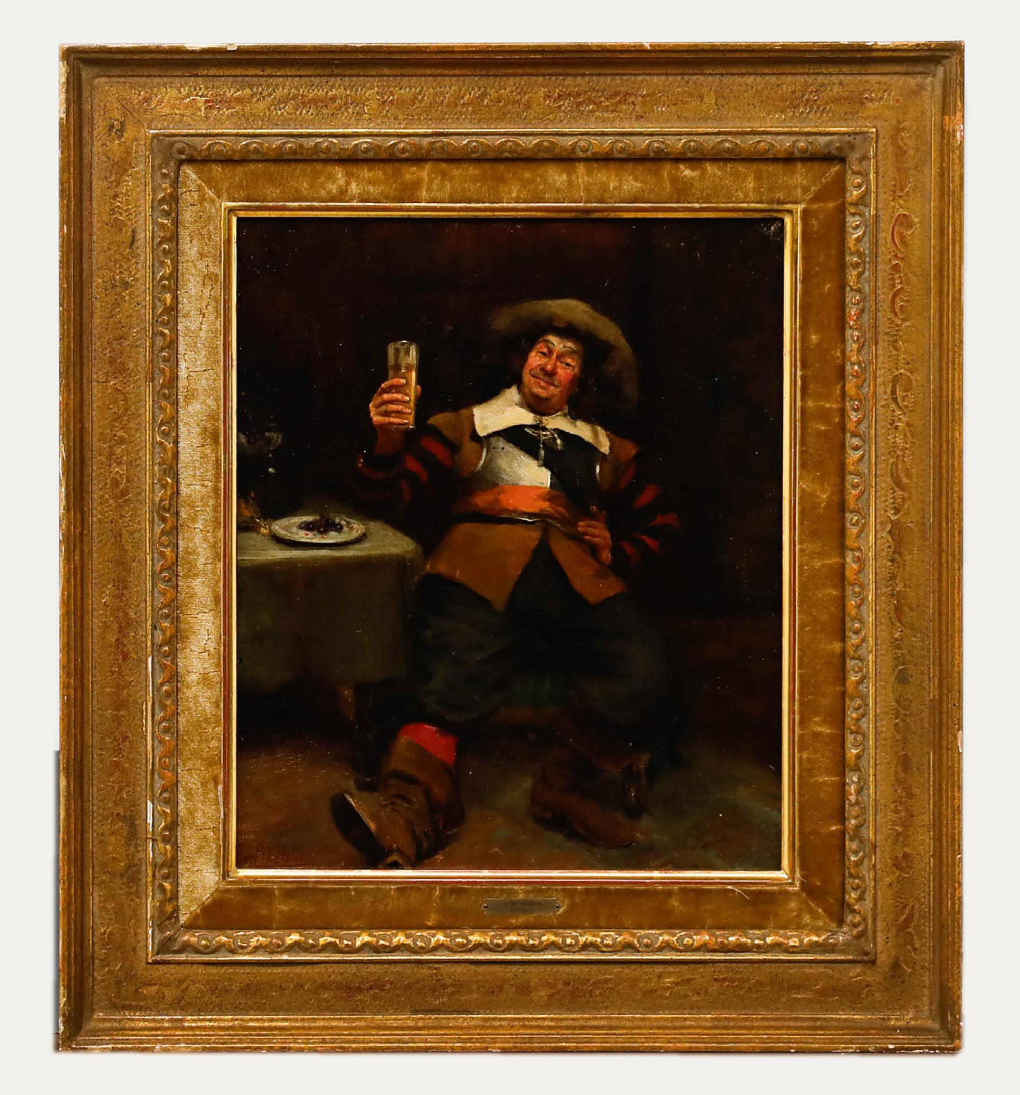 Questo affascinante ritratto a olio di Albert William Holden (1848-1932) raffigura un cavaliere gioviale che brinda in una taverna poco illuminata. La composizione è firmata "Albert W. Holden" in basso a sinistra. Ben presentato in una cornice