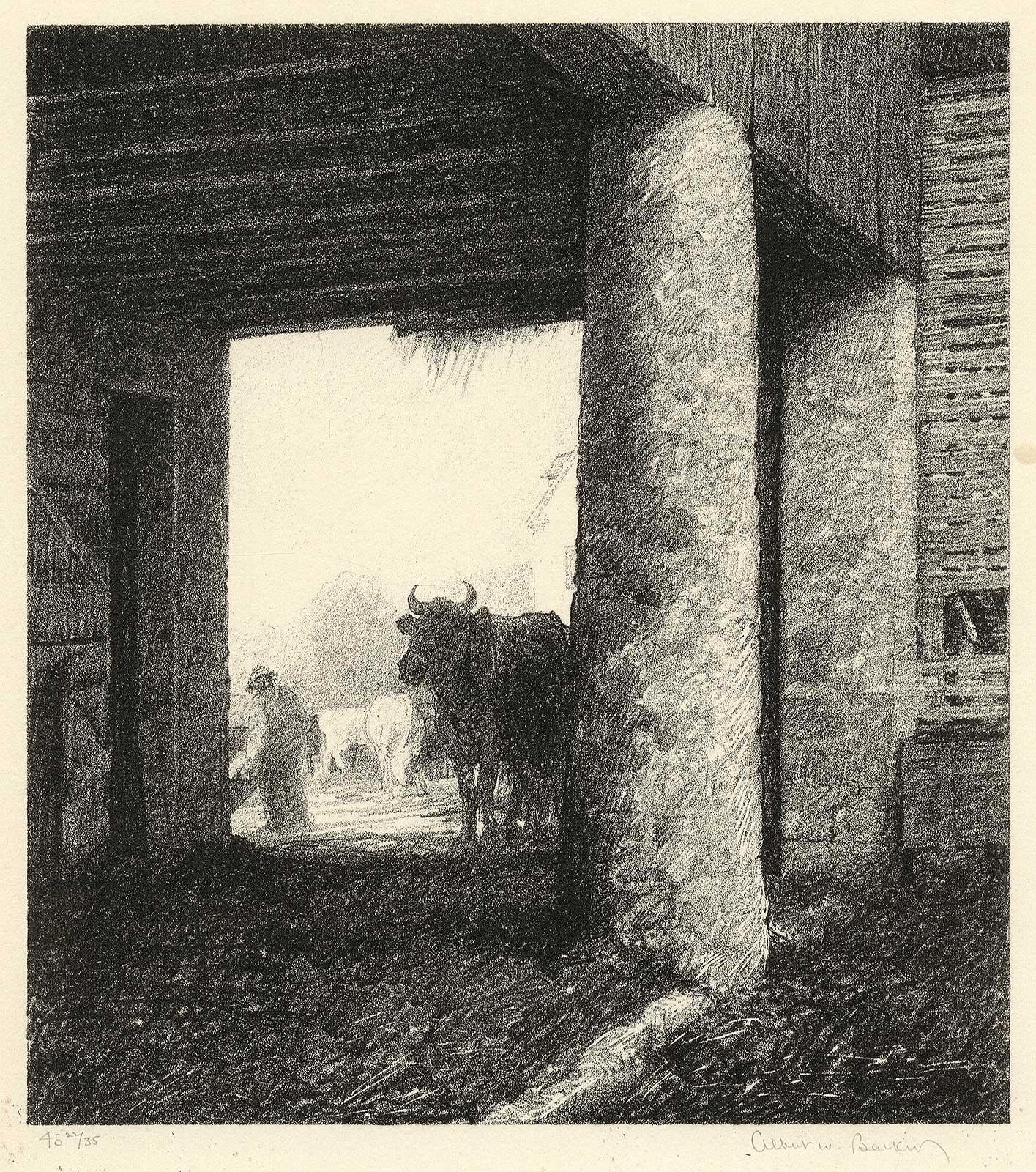 The Barn (a romantic look at the rural landscape of an earlier American era) - Black Figurative Print by Albert Winslow Barker