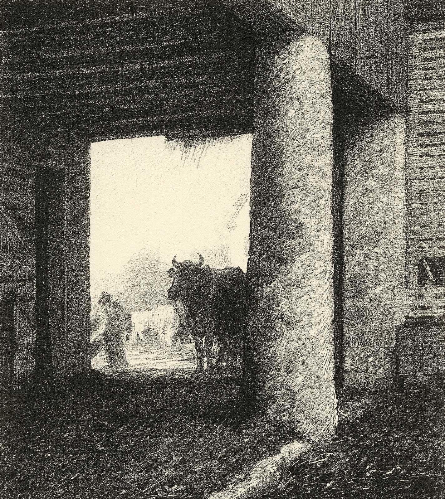 Albert Winslow Barker Figurative Print - The Barn (a romantic look at the rural landscape of an earlier American era)