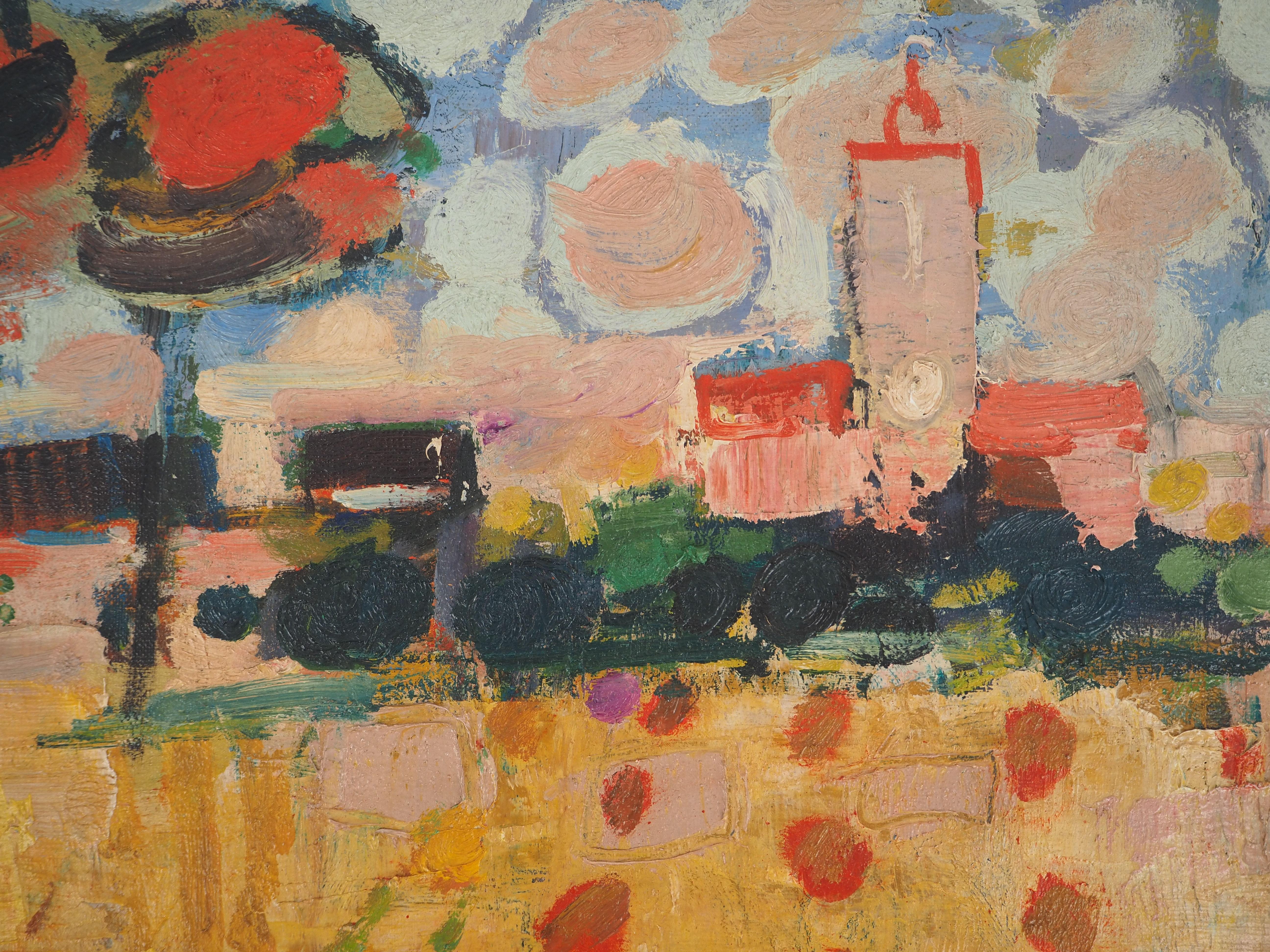 Automne : paysage après la récolte - Huile originale sur toile, SIGNÉE - Marron Landscape Painting par Albert Zavaro