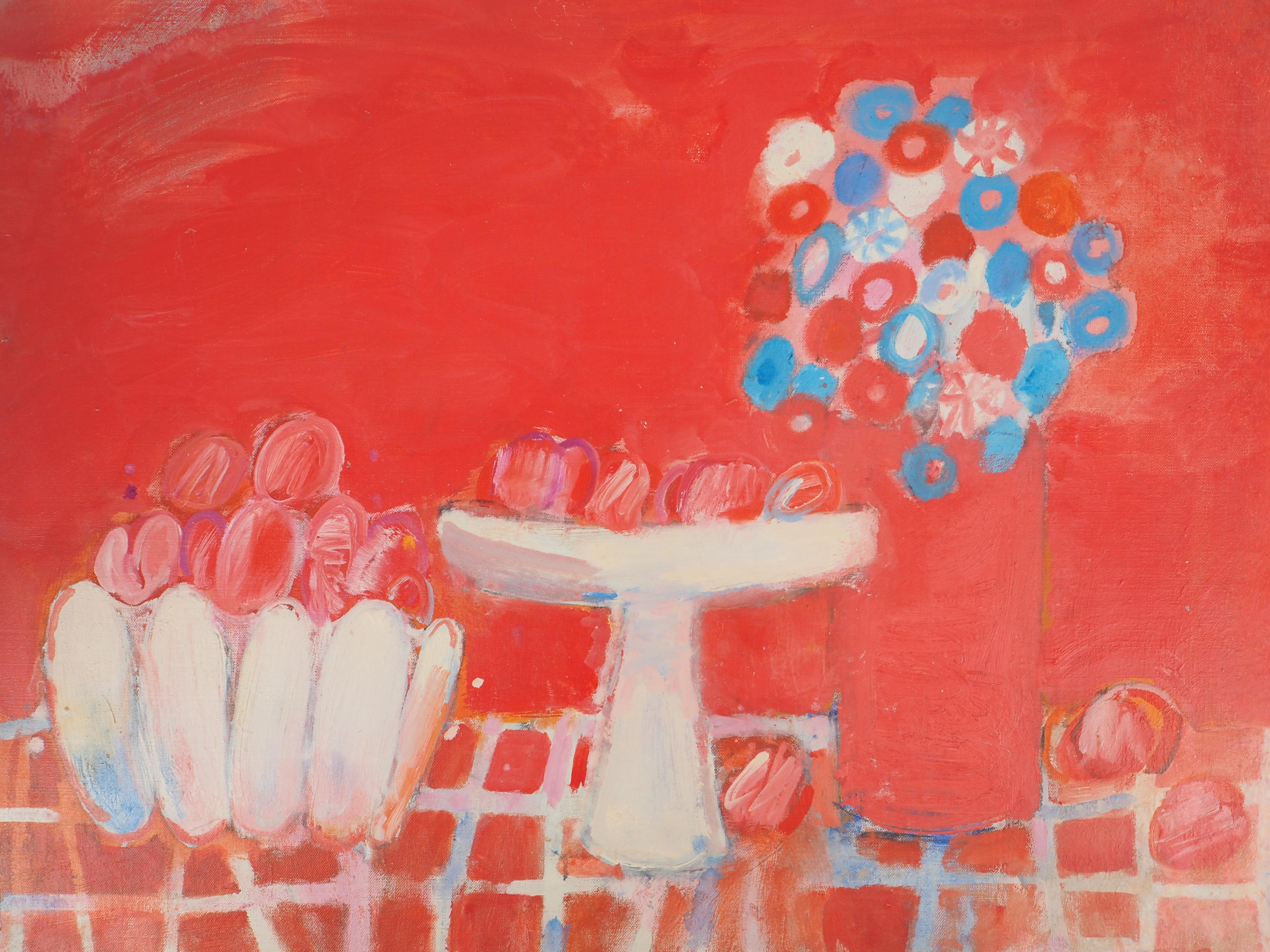 Fauvistisches Stillleben mit Früchten und Blumen – Original Ölgemälde auf Leinwand, signiert (Moderne), Painting, von Albert Zavaro