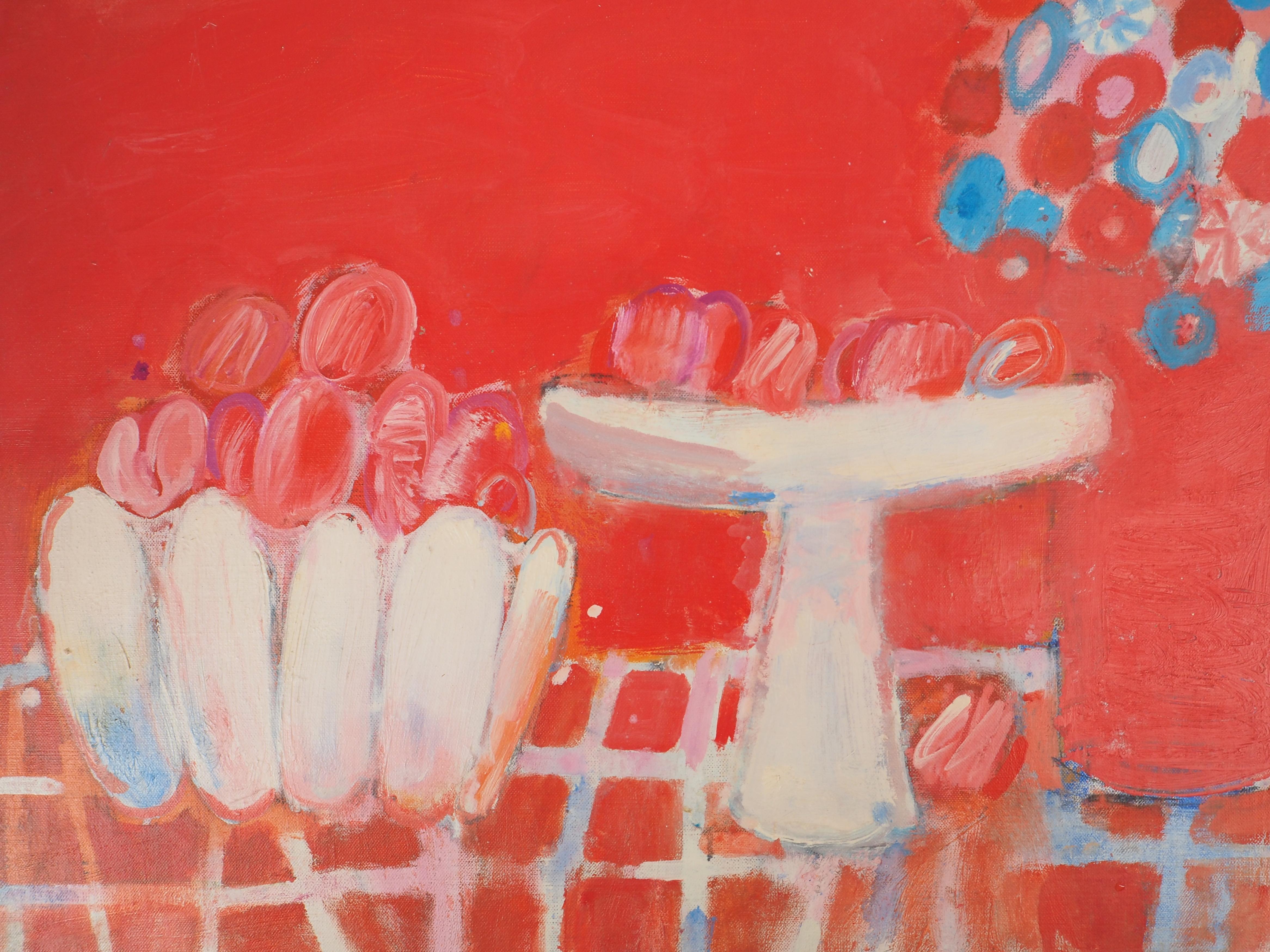 Fauvistisches Stillleben mit Früchten und Blumen – Original Ölgemälde auf Leinwand, signiert (Rot), Still-Life Painting, von Albert Zavaro