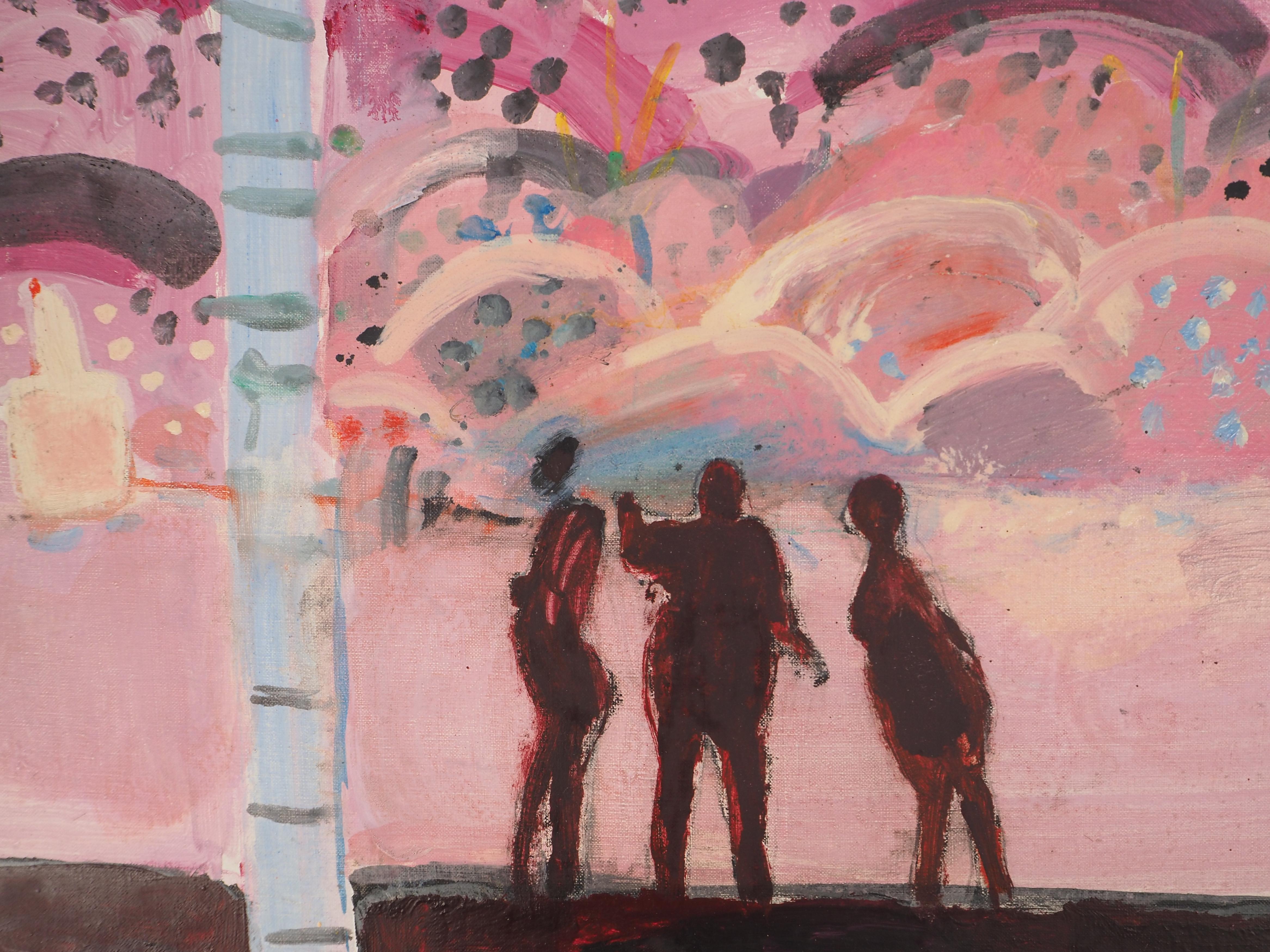 Figures in a Fauvist Landscape - Original Oil on Canvas, SIGNED - Brown Landscape Painting by Albert Zavaro