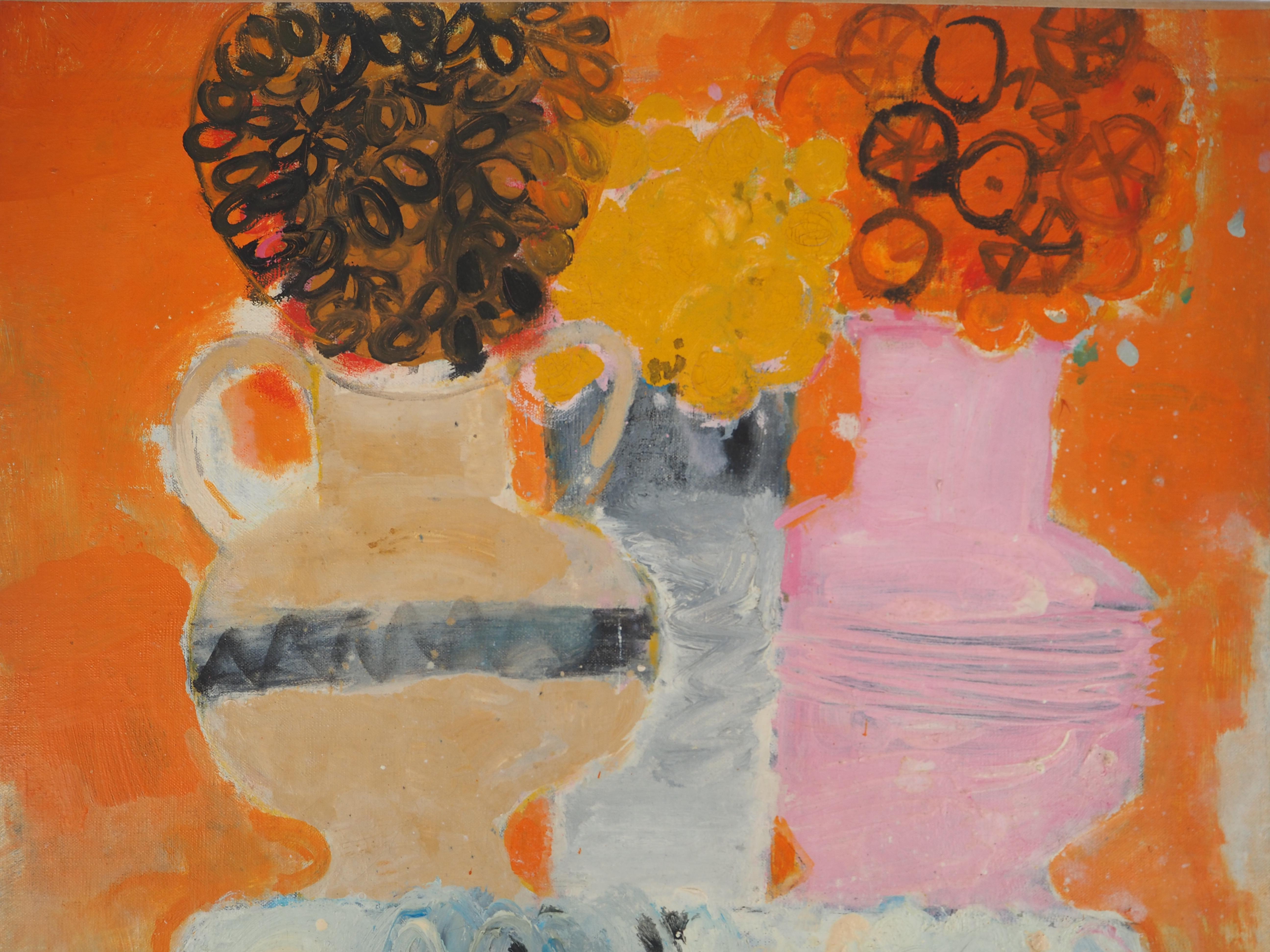 Mesa con ramos de flores - Óleo original sobre lienzo, FIRMADO - Painting Moderno de Albert Zavaro