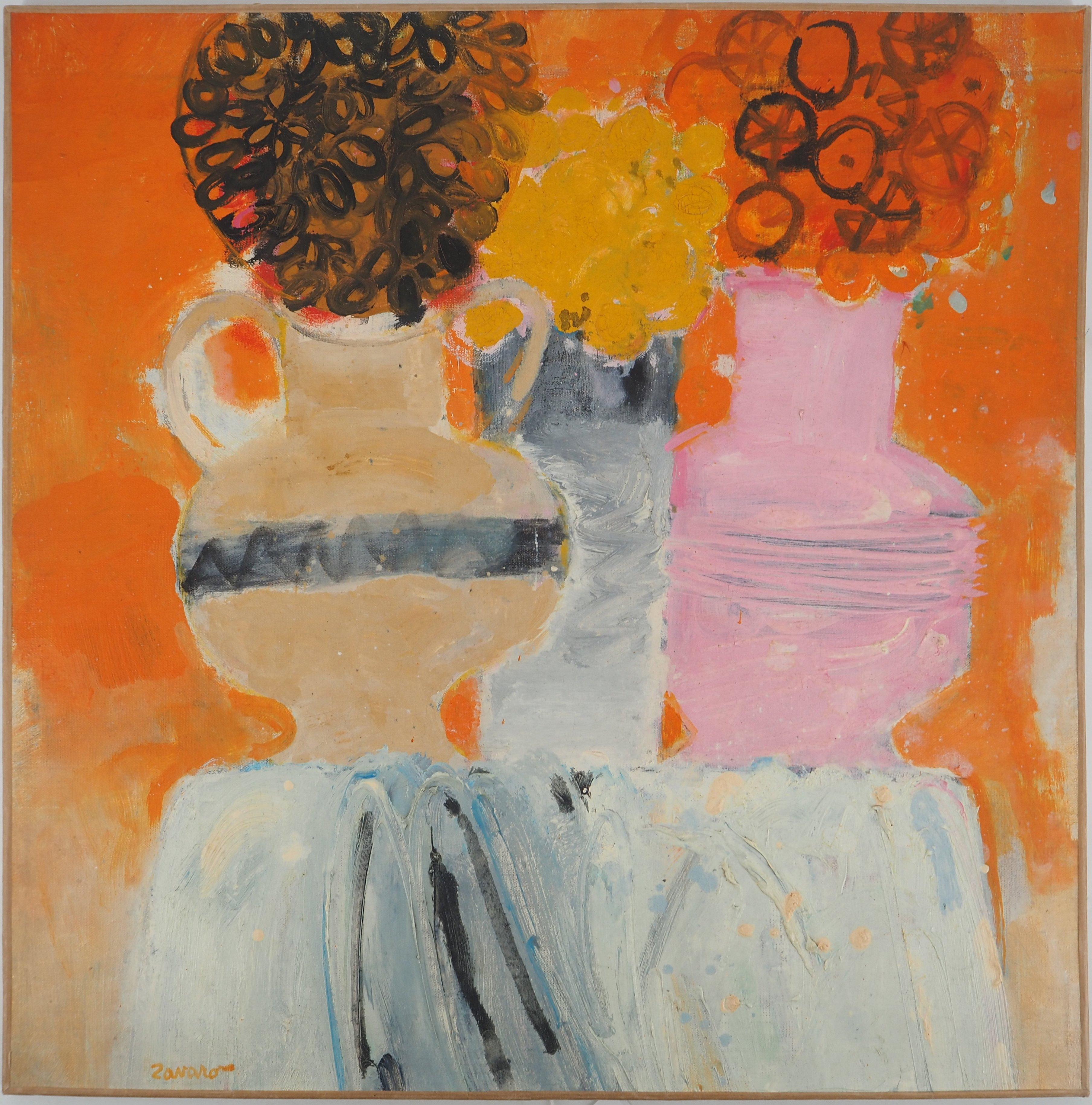 Still-Life Painting de Albert Zavaro - Mesa con ramos de flores - Óleo original sobre lienzo, FIRMADO