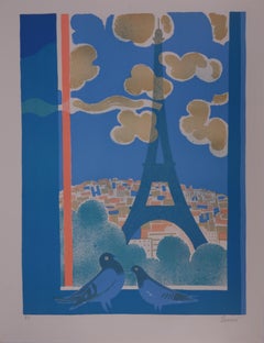 Paris : Eiffel Tower and Doves - Handsigned lithograph (Mourlot 1973)
