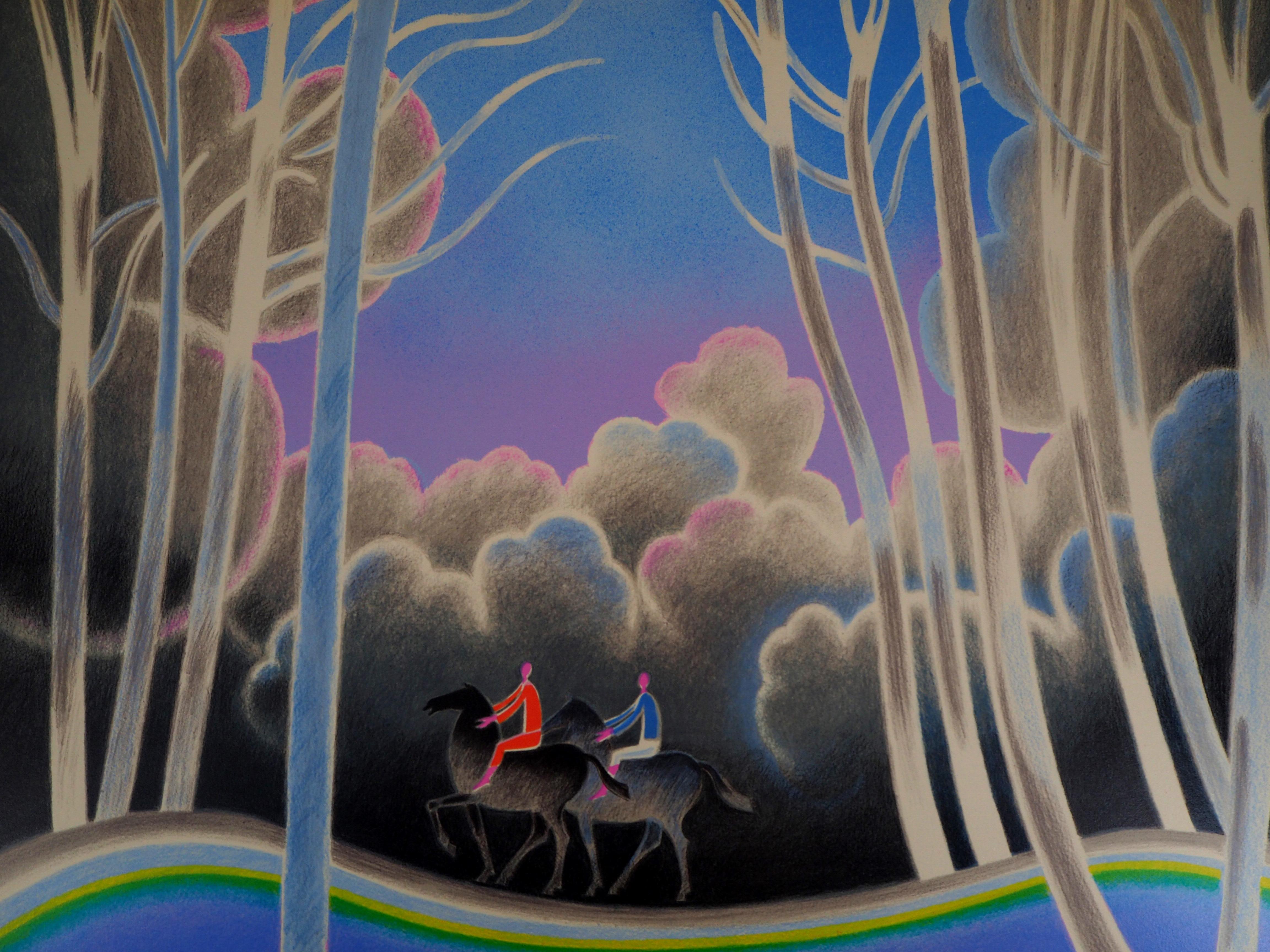 Tribute to Brasilier: Pferd beim Wald reitend – Originallithographie, signiert (Moderne), Print, von Albert Zavaro