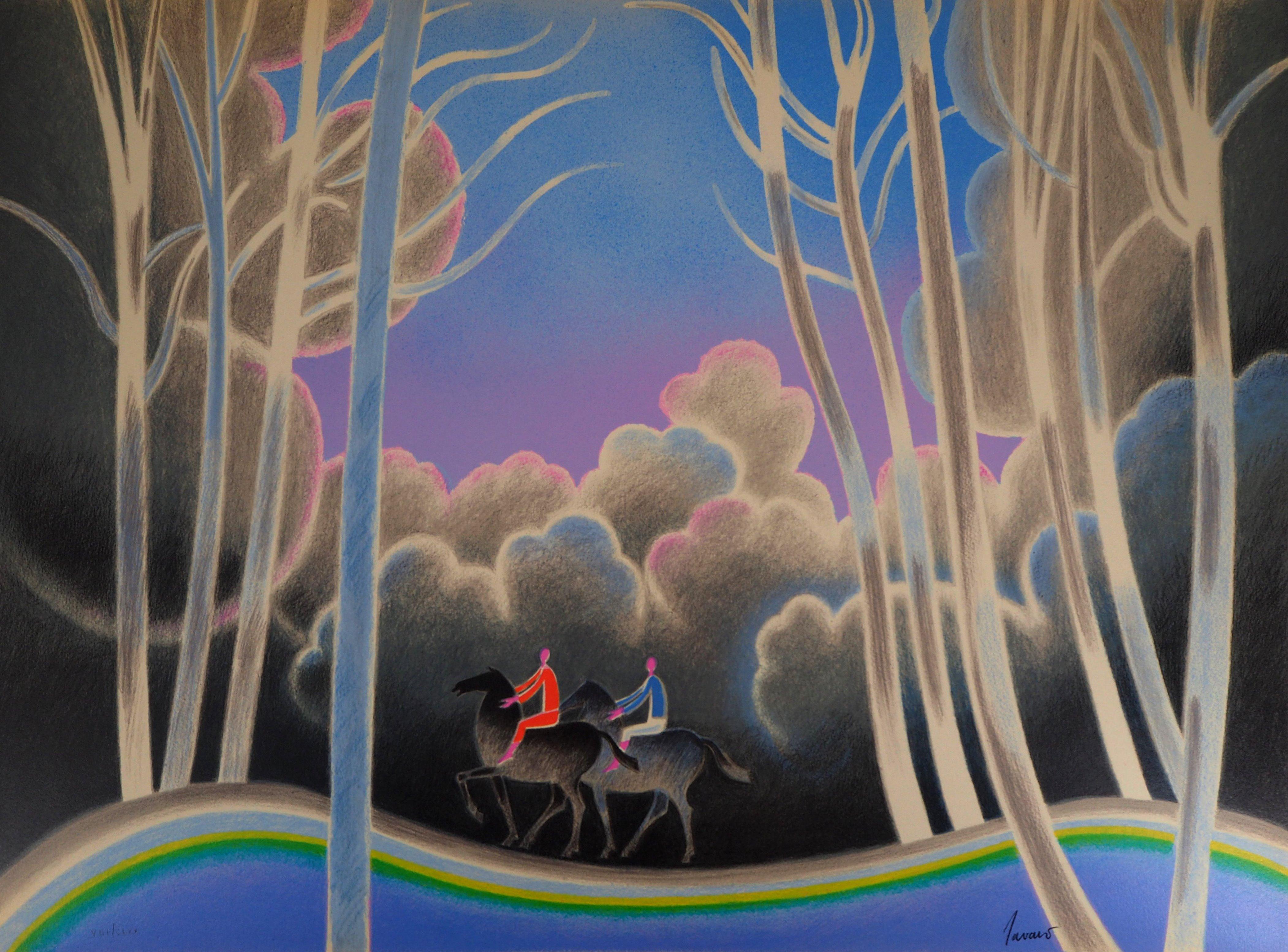 Albert Zavaro Landscape Print – Tribute to Brasilier: Pferd beim Wald reitend – Originallithographie, signiert