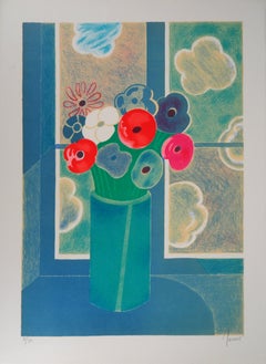 Wilde und farbenfrohe Blumen – Original Lithographie, handsigniert