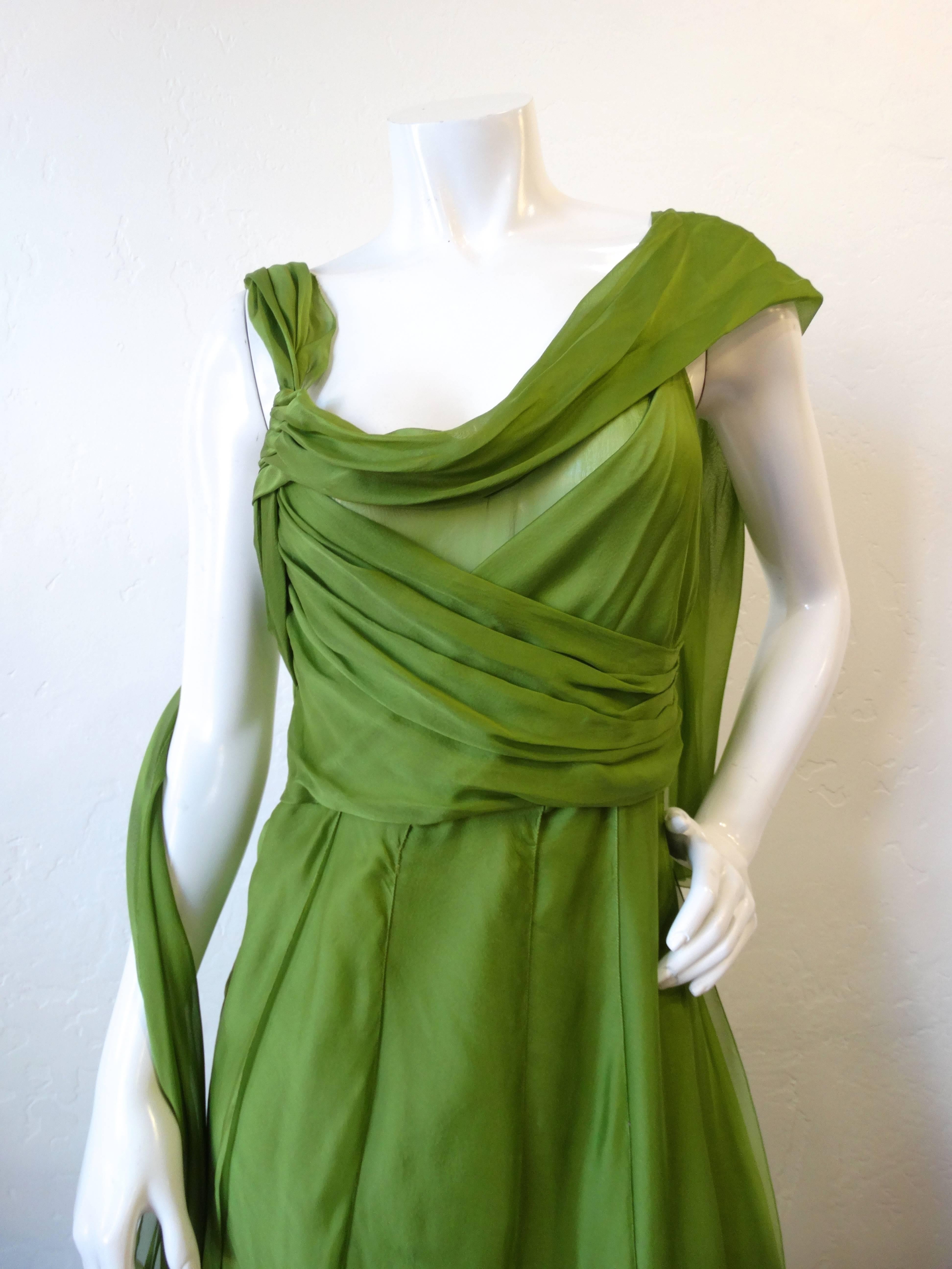 Alberta Ferreti Draped Green Chiffon Sash Dress In Excellent Condition In Scottsdale, AZ