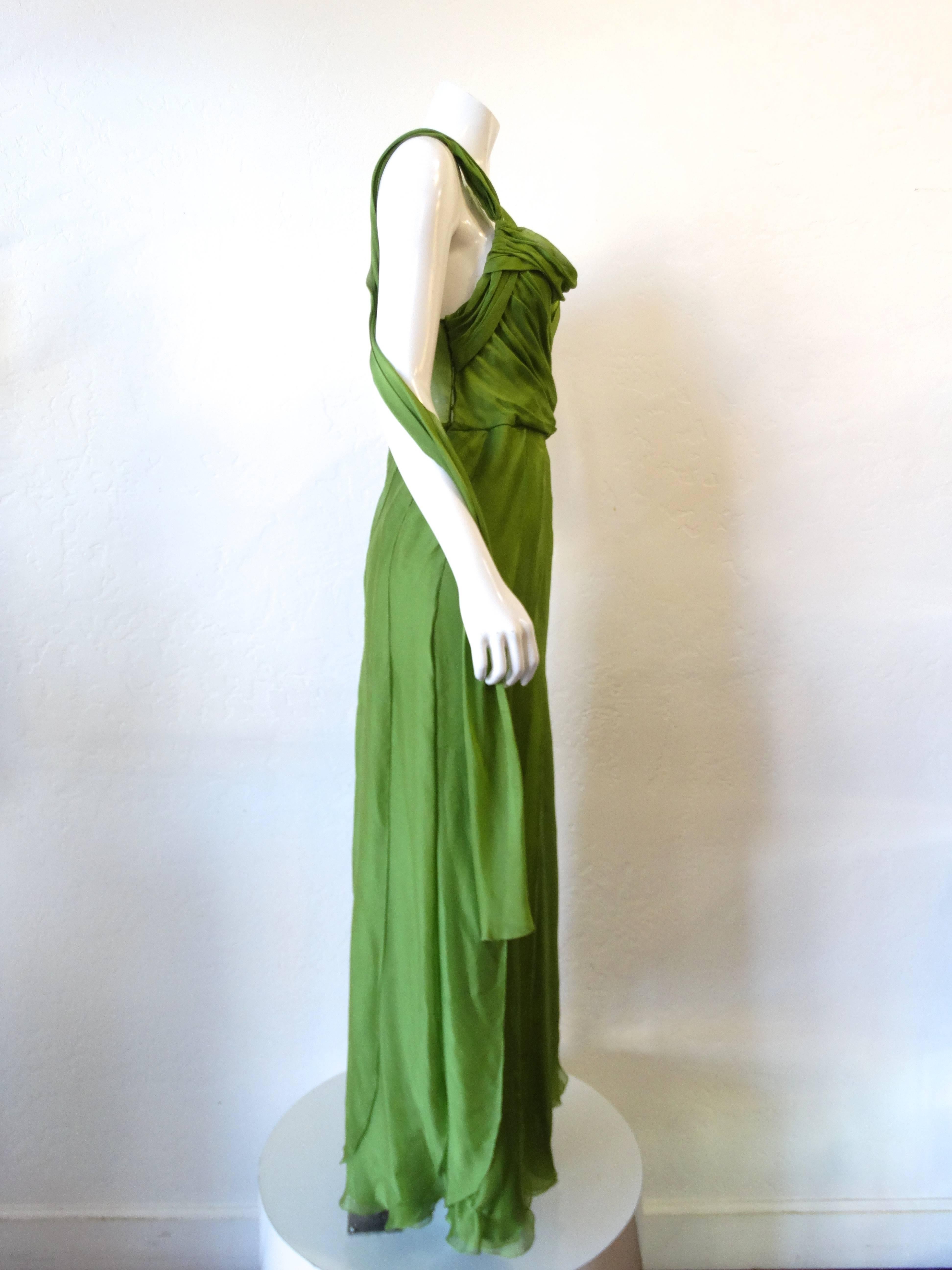 Women's Alberta Ferreti Draped Green Chiffon Sash Dress
