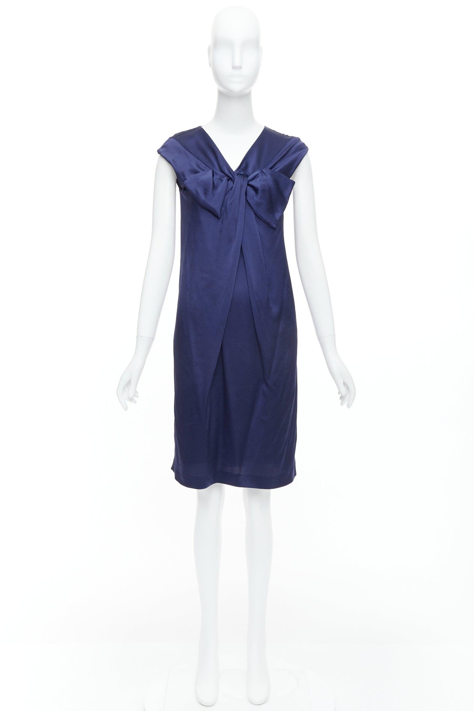 ALBERTA FERRETTI 100% silk navy bow detail cap sleeve V neck dress IT38 XS For Sale 4
