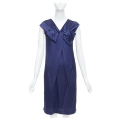 ALBERTA FERRETTI 100% silk navy bow detail cap sleeve V neck dress IT38 XS