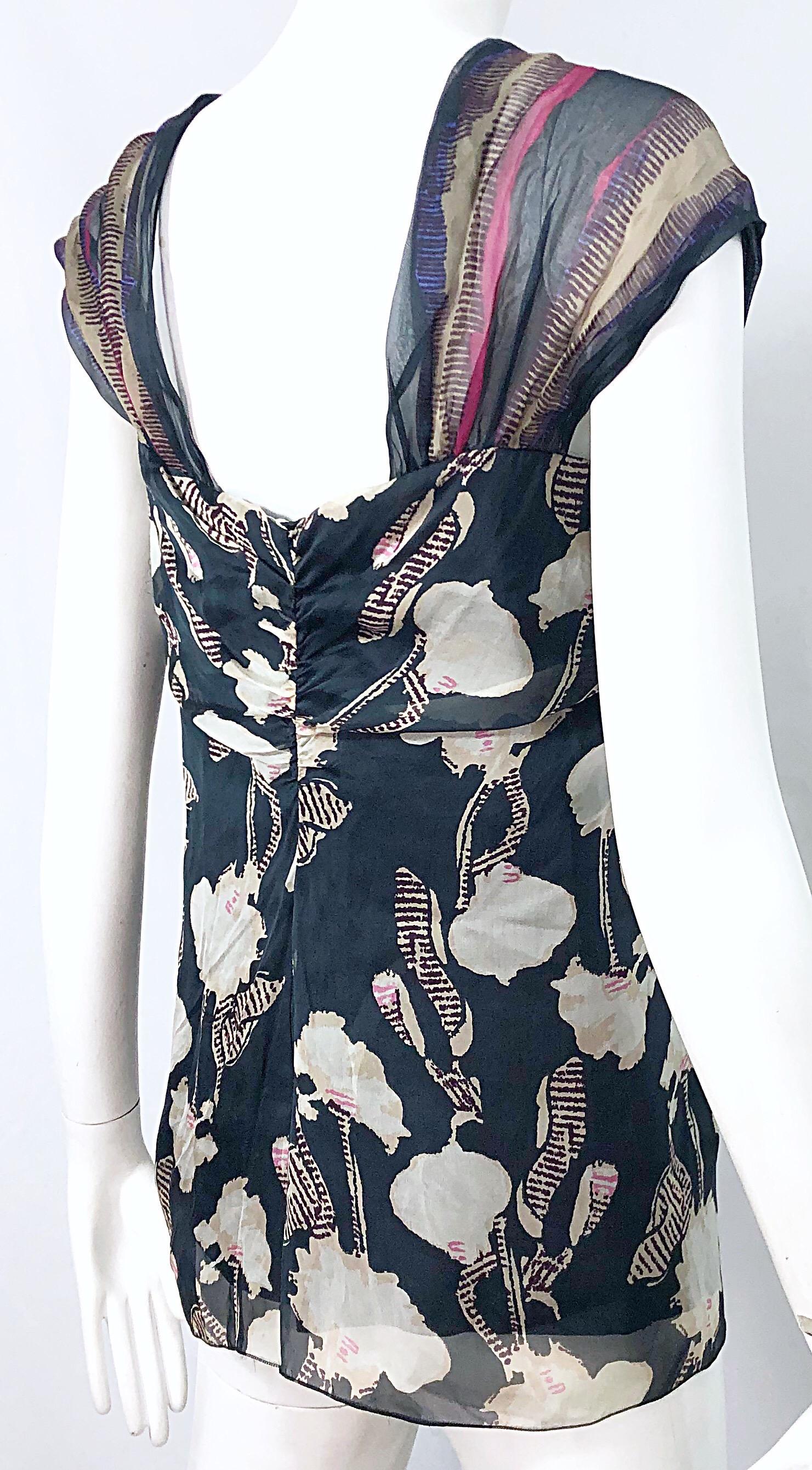 Alberta Ferretti 1990s Silk Chiffon Size 4 Printed Vintage 90s Cap Sleeve Blouse For Sale 5