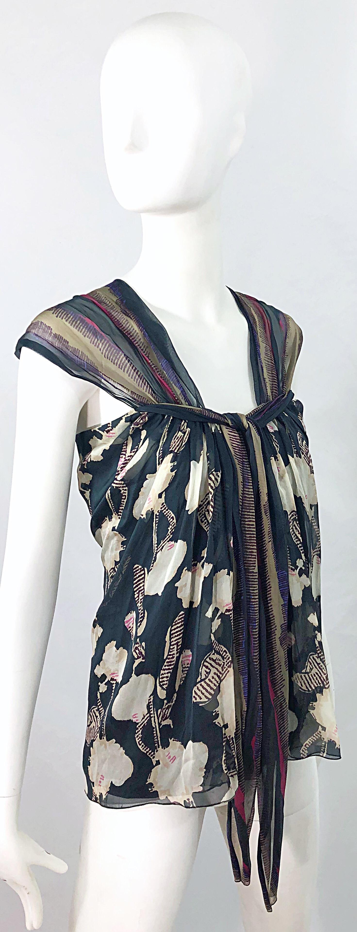 Alberta Ferretti 1990s Silk Chiffon Size 4 Printed Vintage 90s Cap Sleeve Blouse For Sale 6