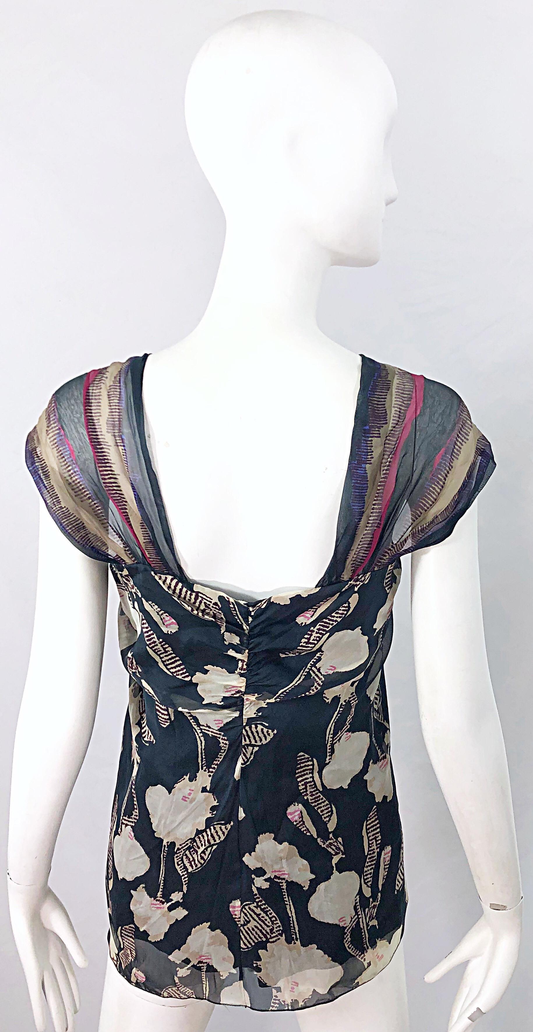 Alberta Ferretti 1990s Silk Chiffon Size 4 Printed Vintage 90s Cap Sleeve Blouse For Sale 7