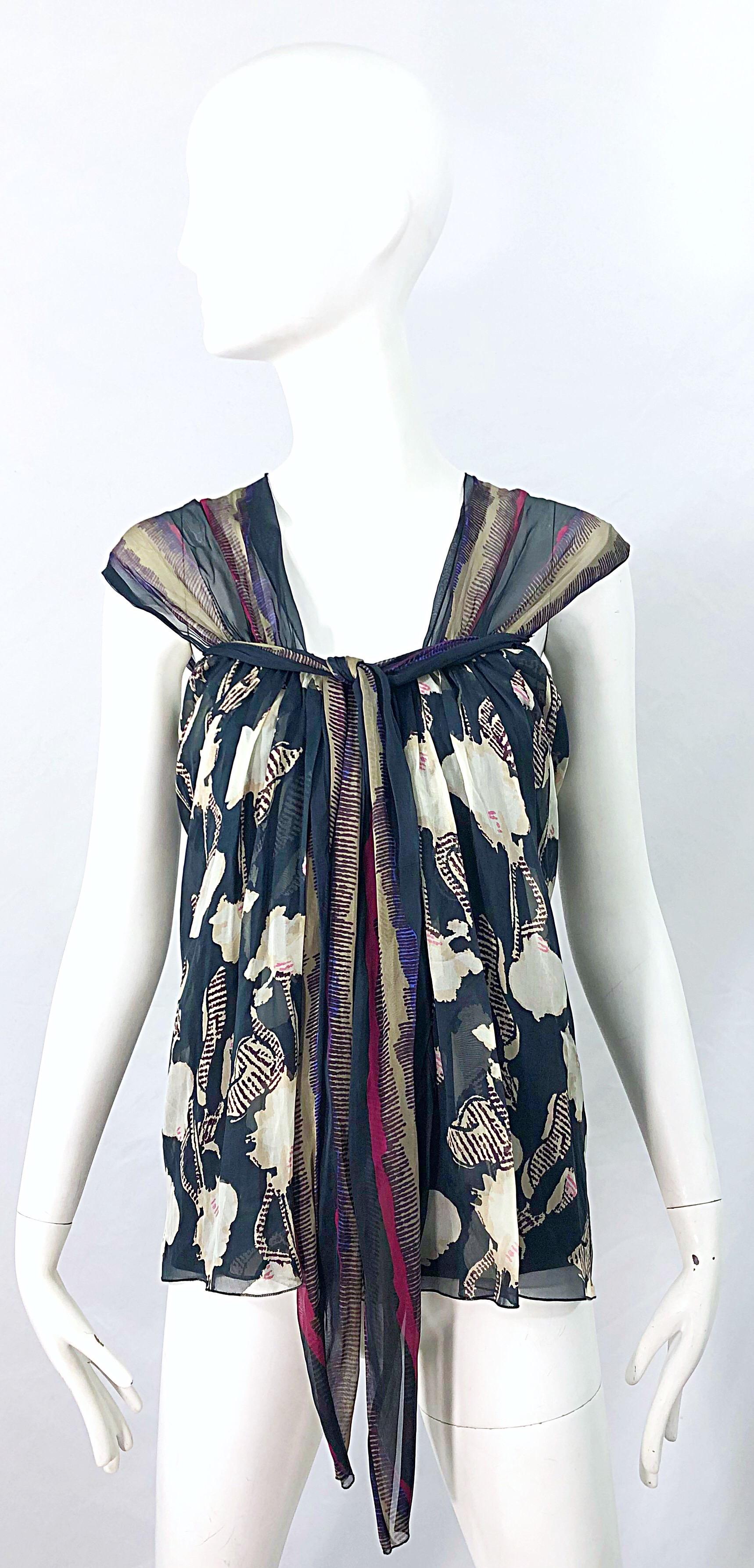 Alberta Ferretti 1990s Silk Chiffon Size 4 Printed Vintage 90s Cap Sleeve Blouse For Sale 8