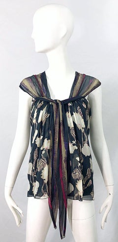 Alberta Ferretti 1990s Silk Chiffon Size 4 Printed Vintage 90s Cap Sleeve Blouse