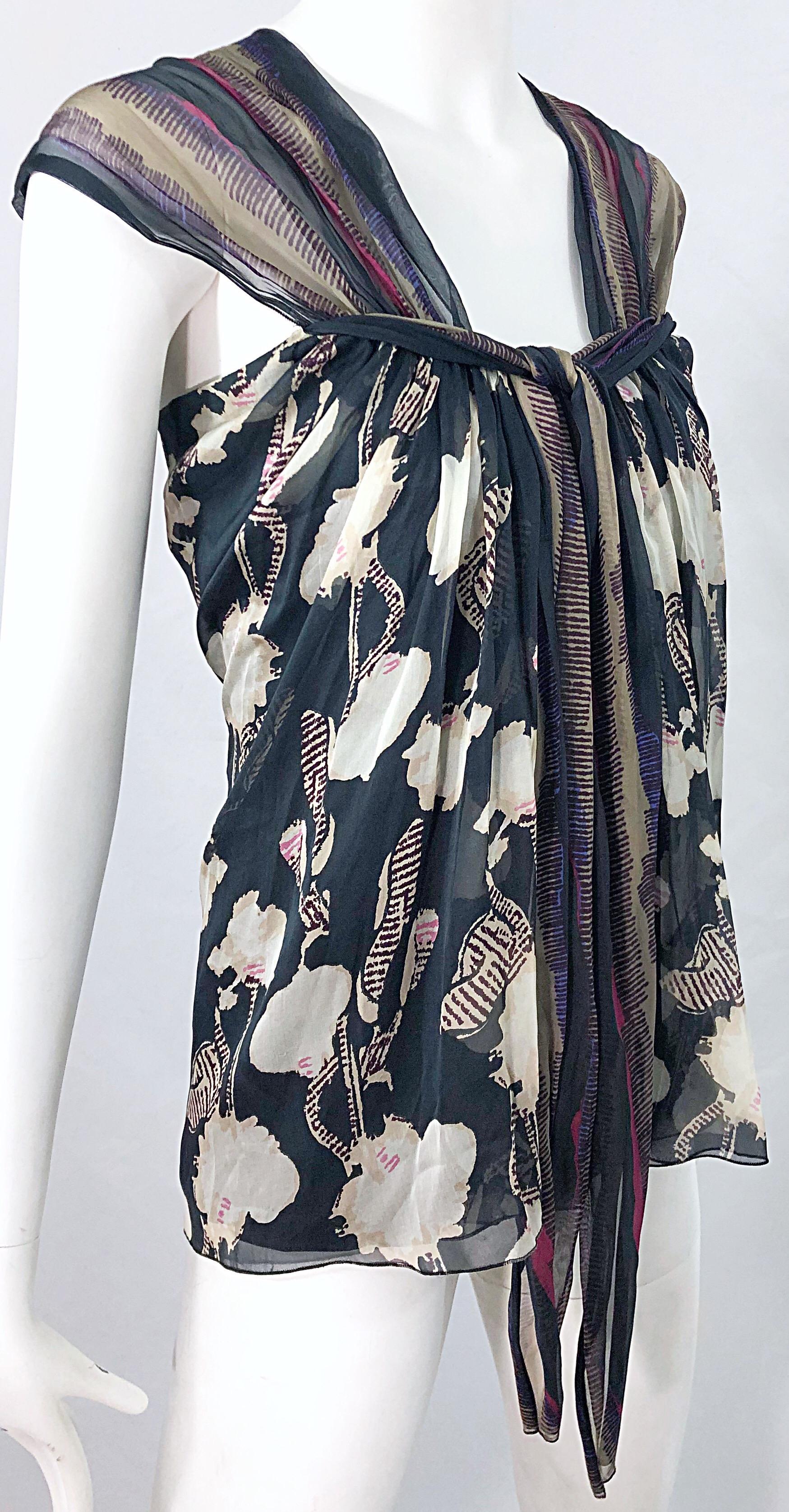 Alberta Ferretti 1990s Silk Chiffon Size 4 Printed Vintage 90s Cap Sleeve Blouse For Sale 1