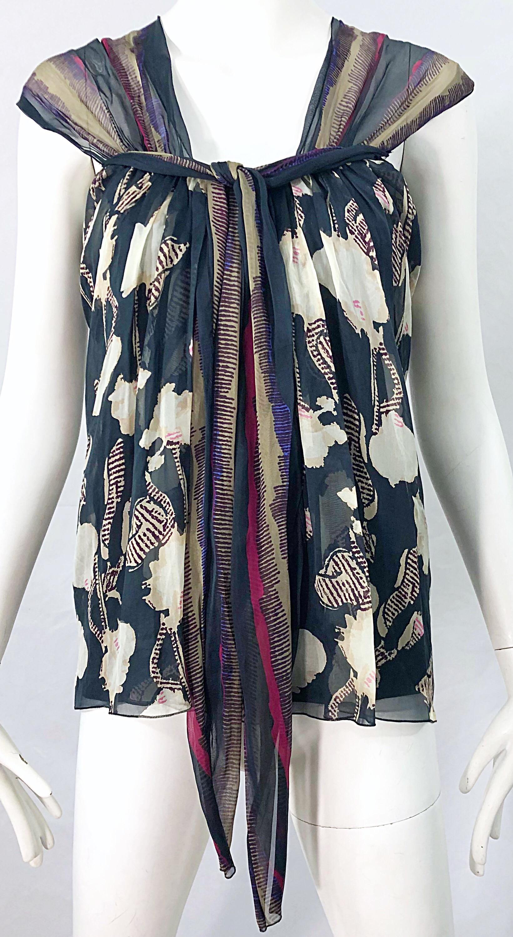 Alberta Ferretti 1990s Silk Chiffon Size 4 Printed Vintage 90s Cap Sleeve Blouse For Sale 2