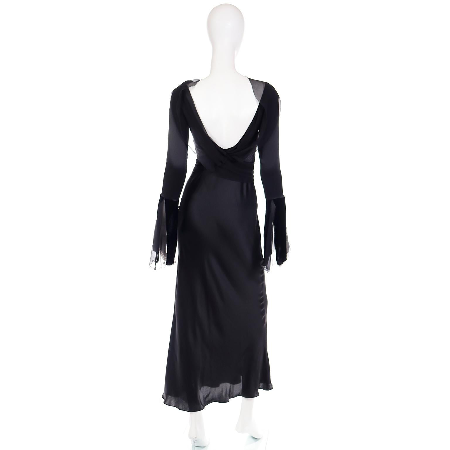 Alberta Ferretti 1990s Vintage Black Silk Evening Gown Dress W Statement Sleeves 6