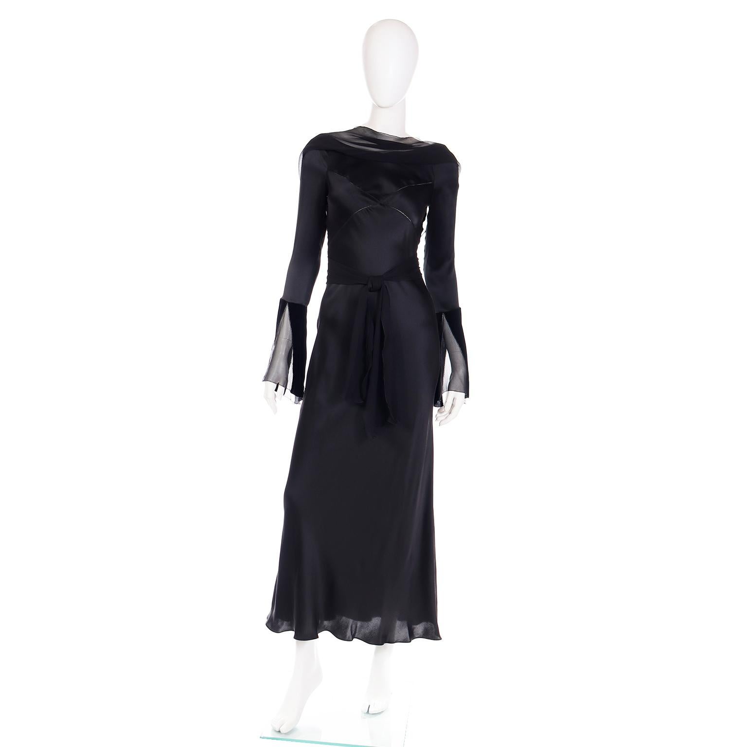 Alberta Ferretti 1990s Vintage Black Silk Evening Gown Dress W Statement Sleeves In Excellent Condition In Portland, OR