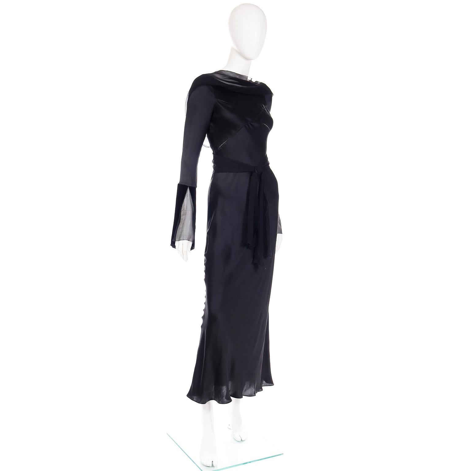 Women's Alberta Ferretti 1990s Vintage Black Silk Evening Gown Dress W Statement Sleeves