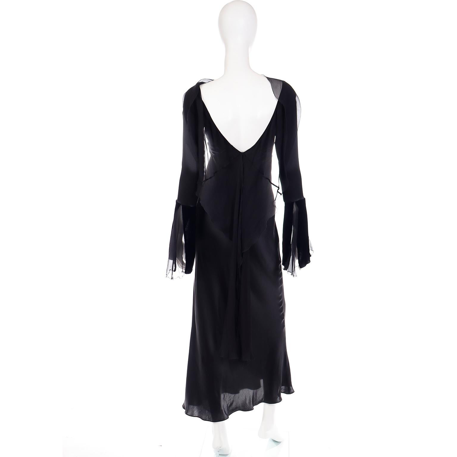 Alberta Ferretti 1990s Vintage Black Silk Evening Gown Dress W Statement Sleeves 1