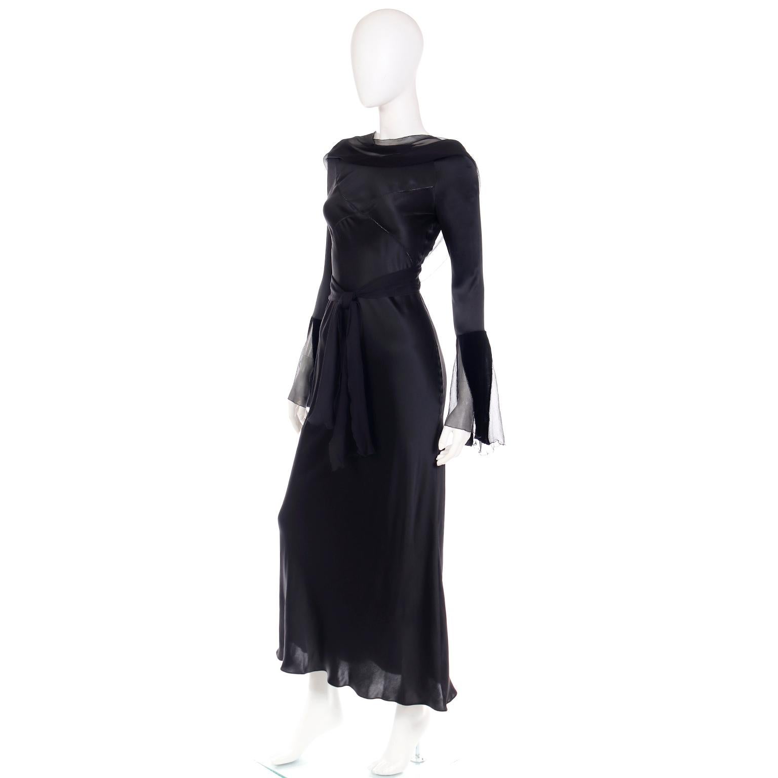 Alberta Ferretti 1990s Vintage Black Silk Evening Gown Dress W Statement Sleeves 2